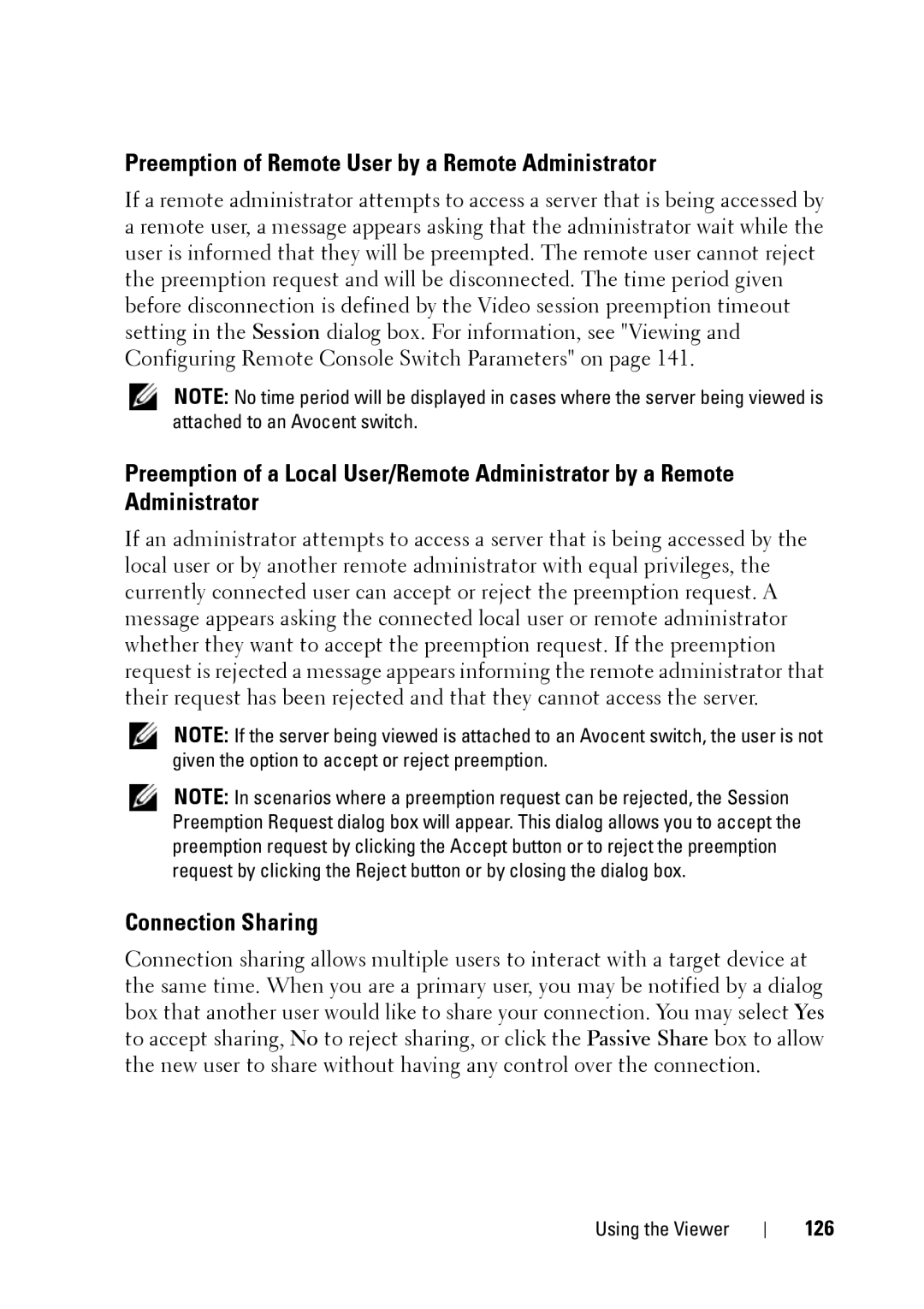 Dell 2321DS manual Preemption of Remote User by a Remote Administrator, Connection Sharing, 126 