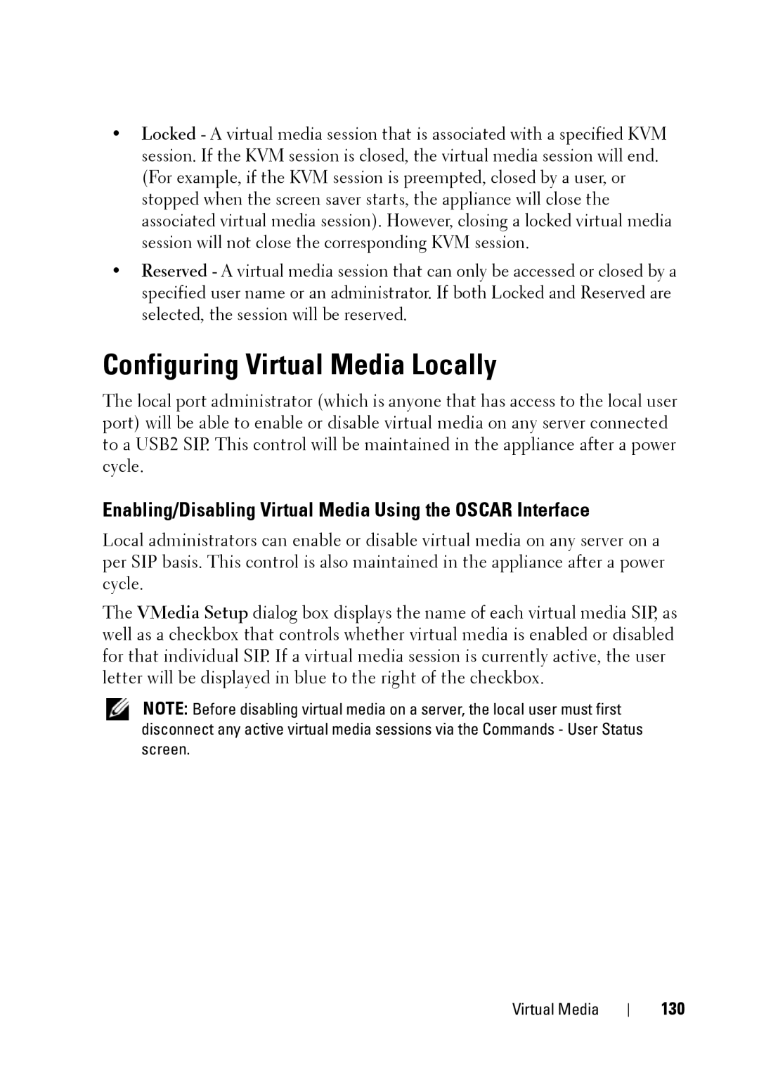 Dell 2321DS manual Configuring Virtual Media Locally, Enabling/Disabling Virtual Media Using the Oscar Interface, 130 