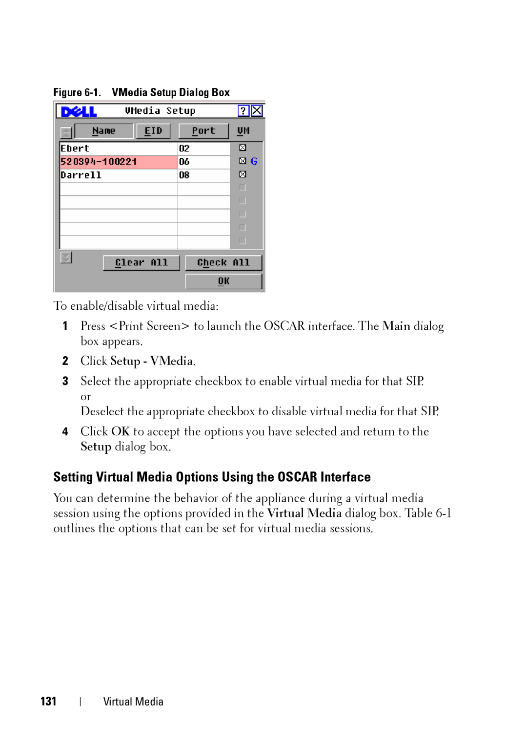 Dell 2321DS manual Setting Virtual Media Options Using the Oscar Interface, 131 