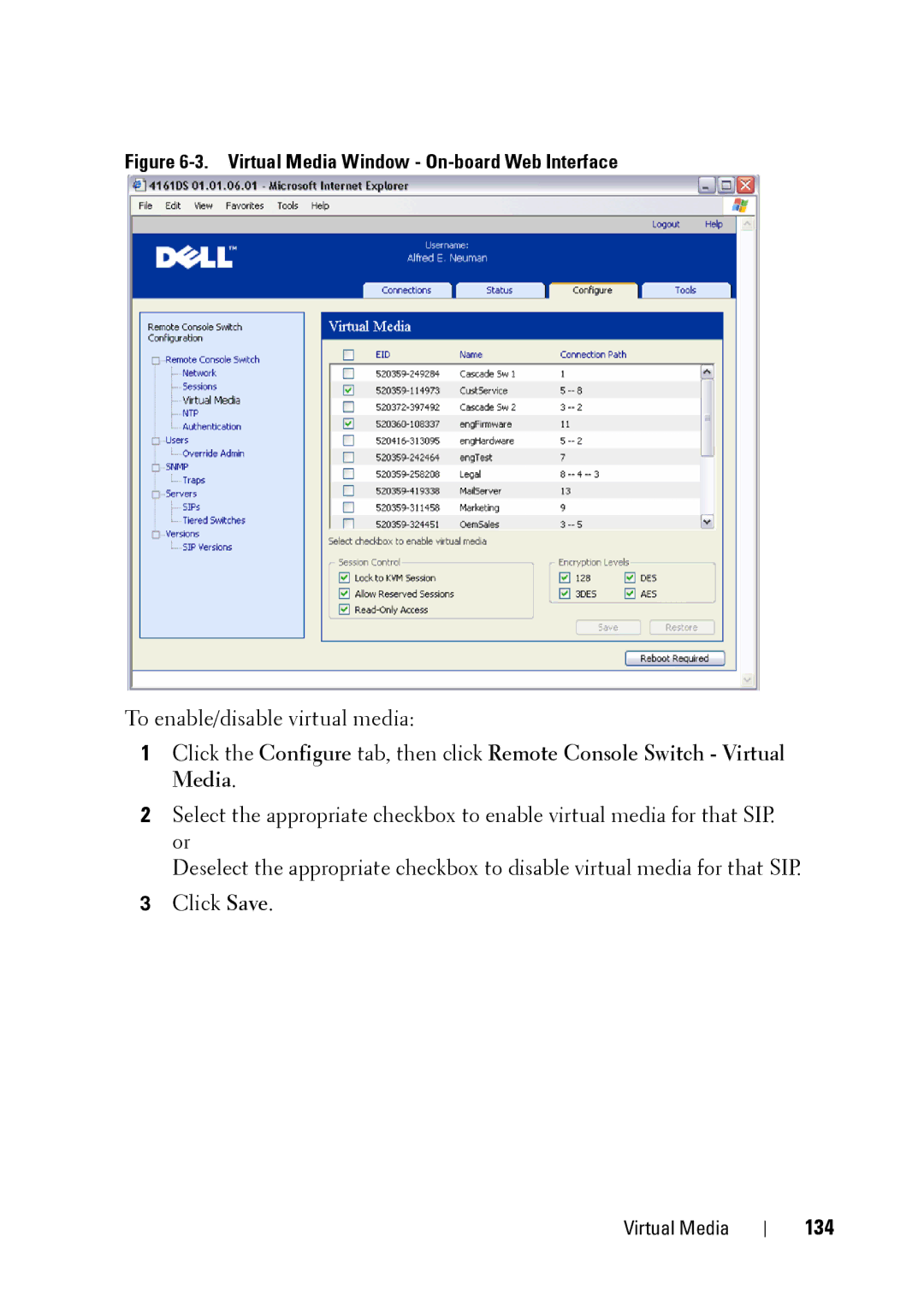 Dell 2321DS manual 134, Virtual Media Window On-board Web Interface 