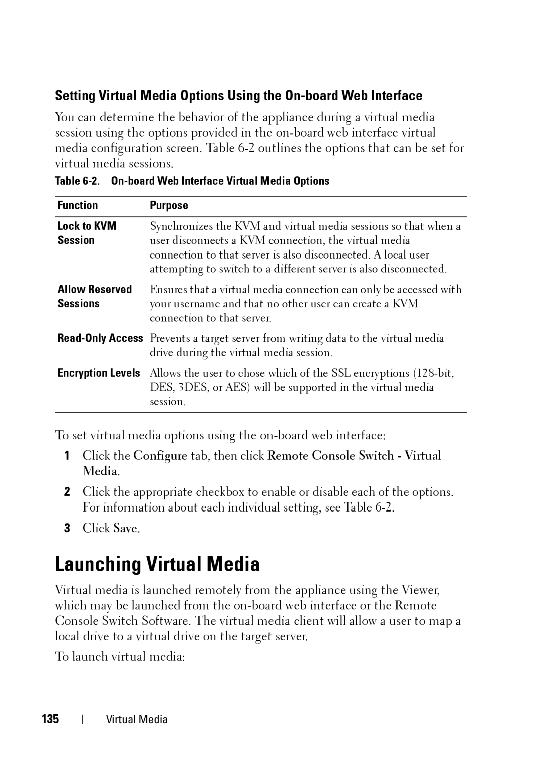 Dell 2321DS manual Launching Virtual Media, 135 