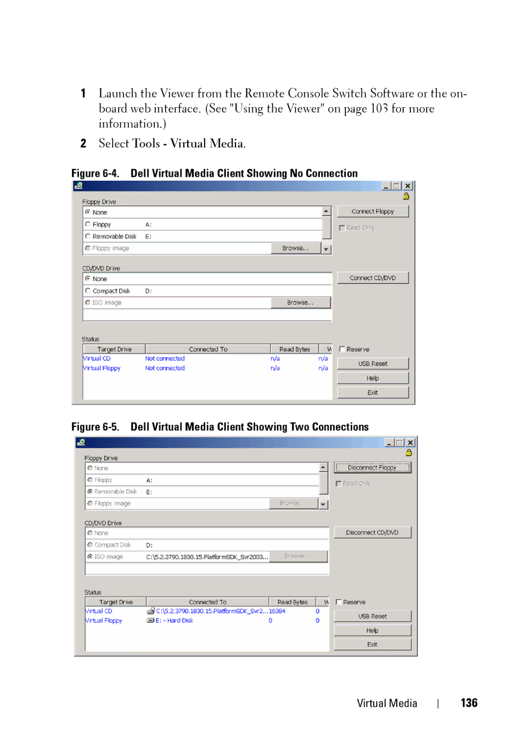 Dell 2321DS manual 136, Dell Virtual Media Client Showing No Connection 