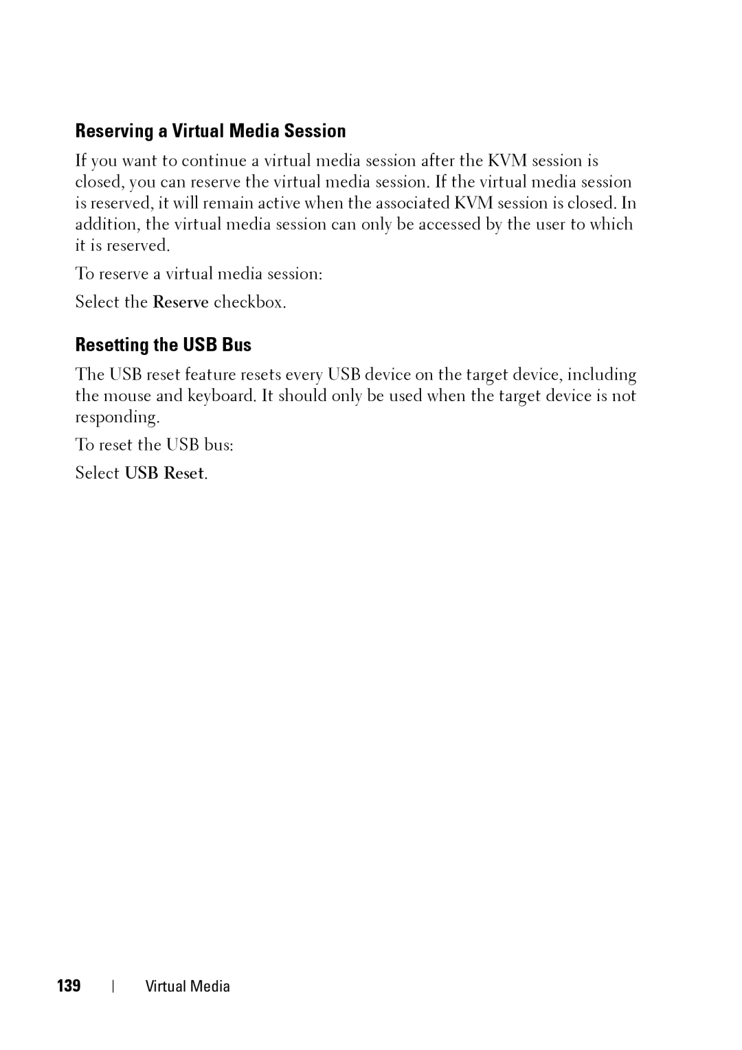 Dell 2321DS manual Reserving a Virtual Media Session, Resetting the USB Bus, 139 