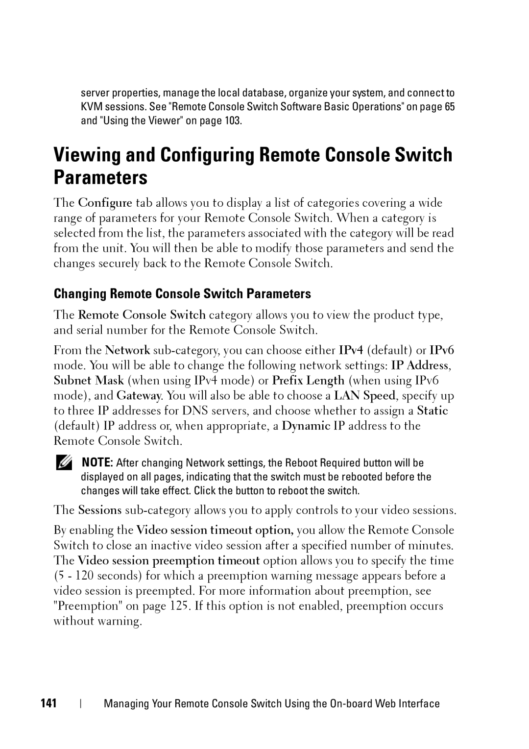 Dell 2321DS manual Viewing and Configuring Remote Console Switch Parameters, Changing Remote Console Switch Parameters, 141 