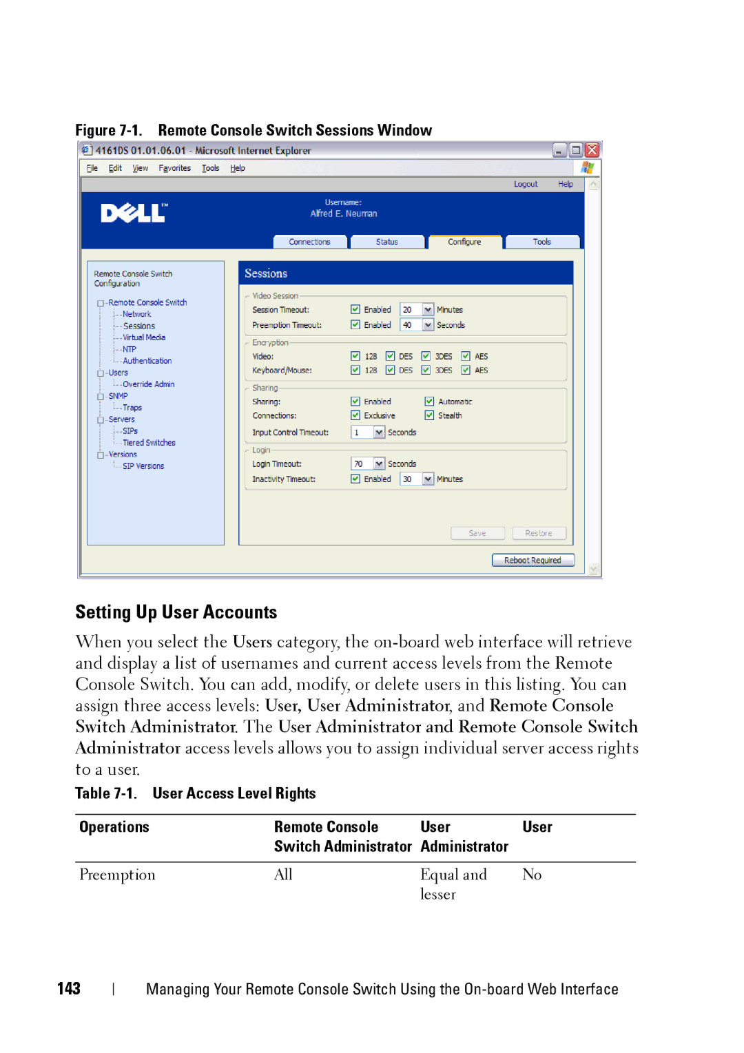 Dell 2321DS manual Setting Up User Accounts, 143, User Access Level Rights Operations Remote Console 