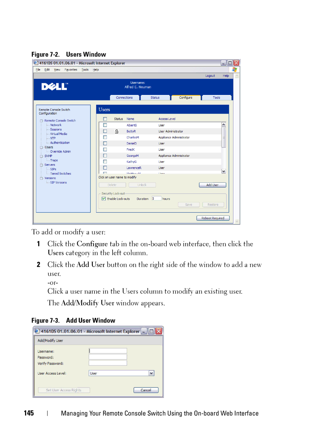 Dell 2321DS manual 145, Users Window 