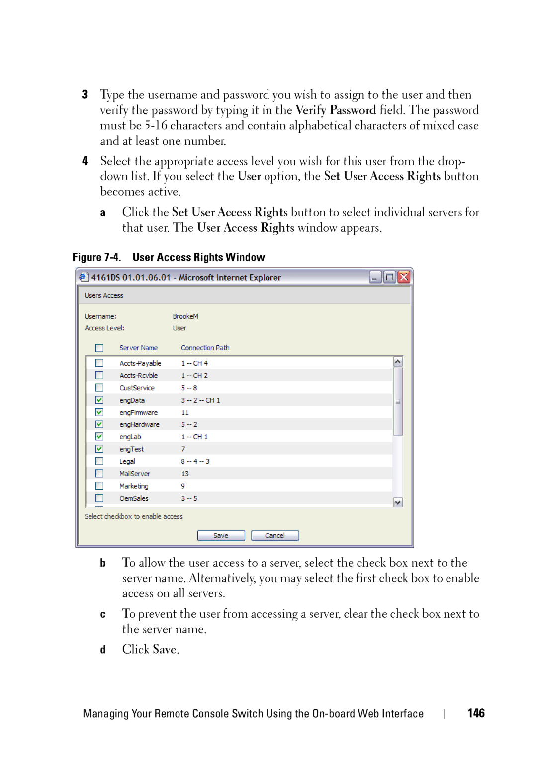 Dell 2321DS manual 146, User Access Rights Window 