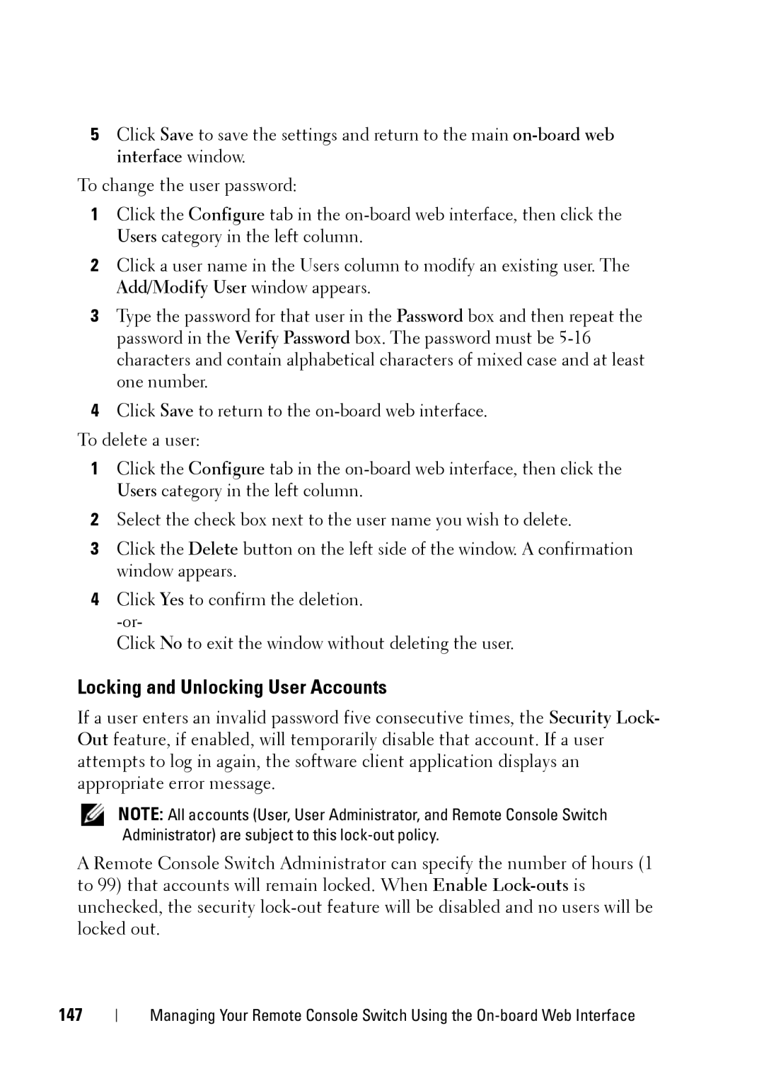 Dell 2321DS manual Locking and Unlocking User Accounts, 147 