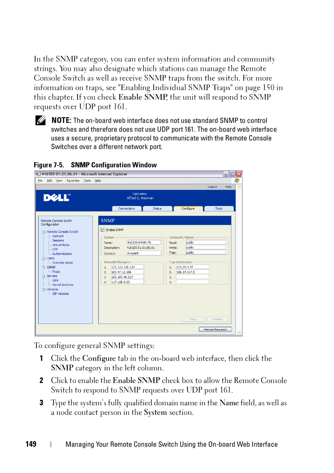 Dell 2321DS manual 149, Snmp Configuration Window 