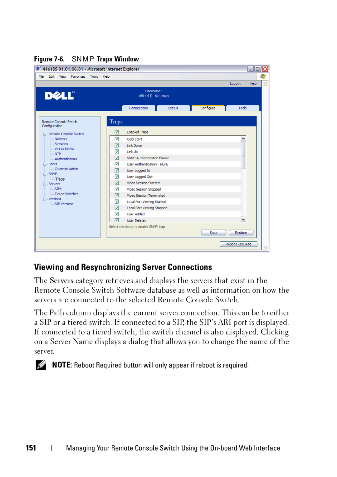 Dell 2321DS manual Viewing and Resynchronizing Server Connections, 151 