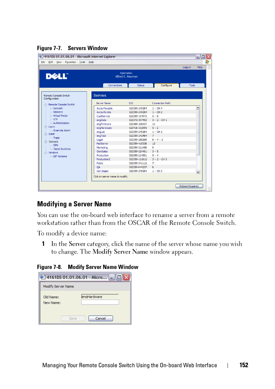 Dell 2321DS manual Modifying a Server Name, 152 