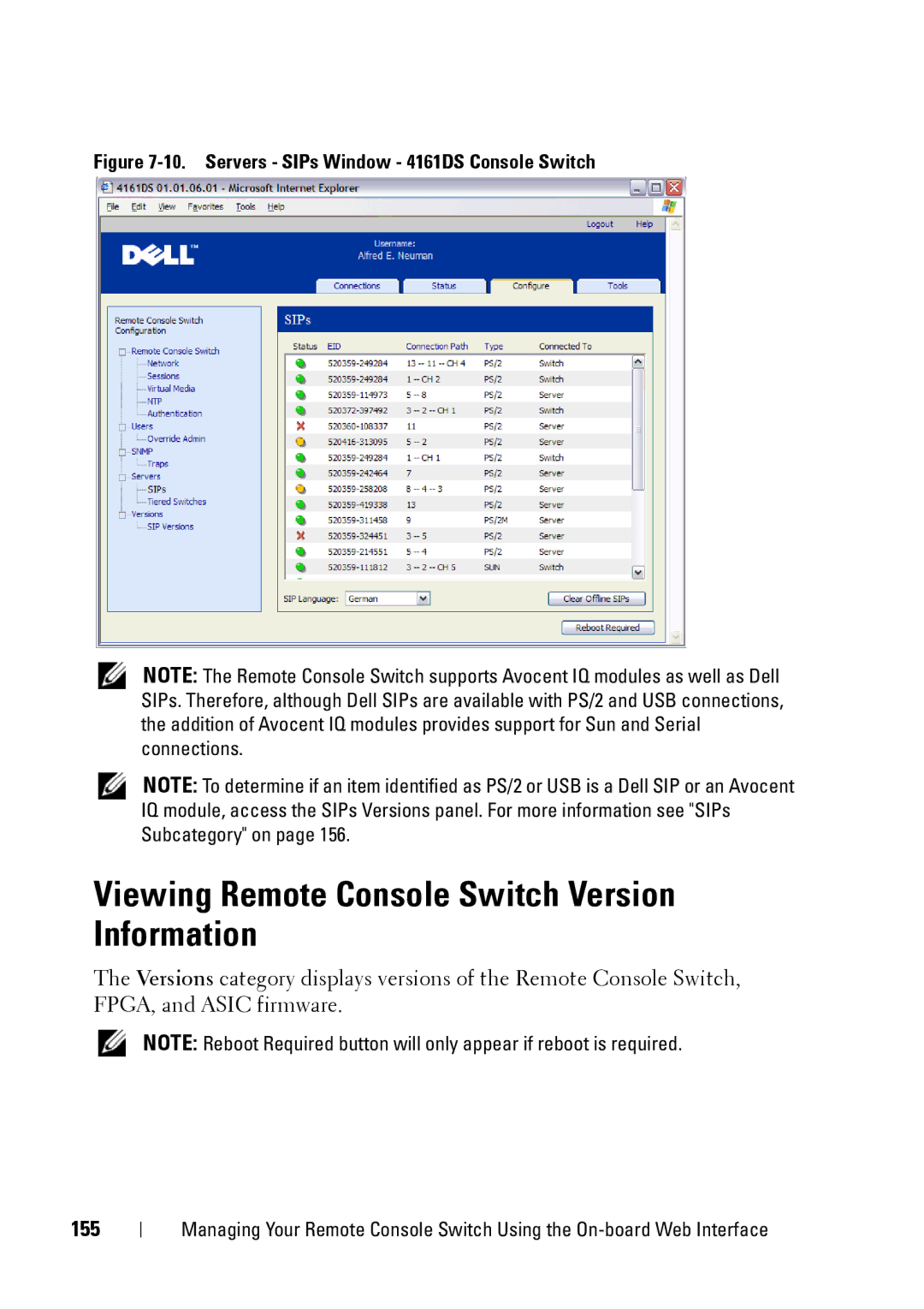 Dell 2321DS manual Viewing Remote Console Switch Version Information, 155 