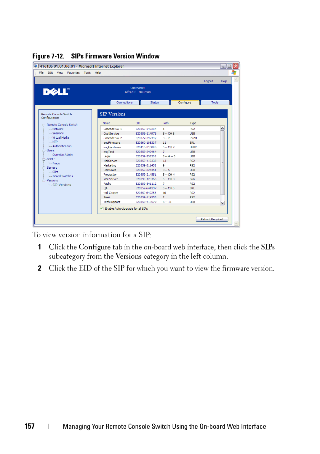 Dell 2321DS manual 157, SIPs Firmware Version Window 