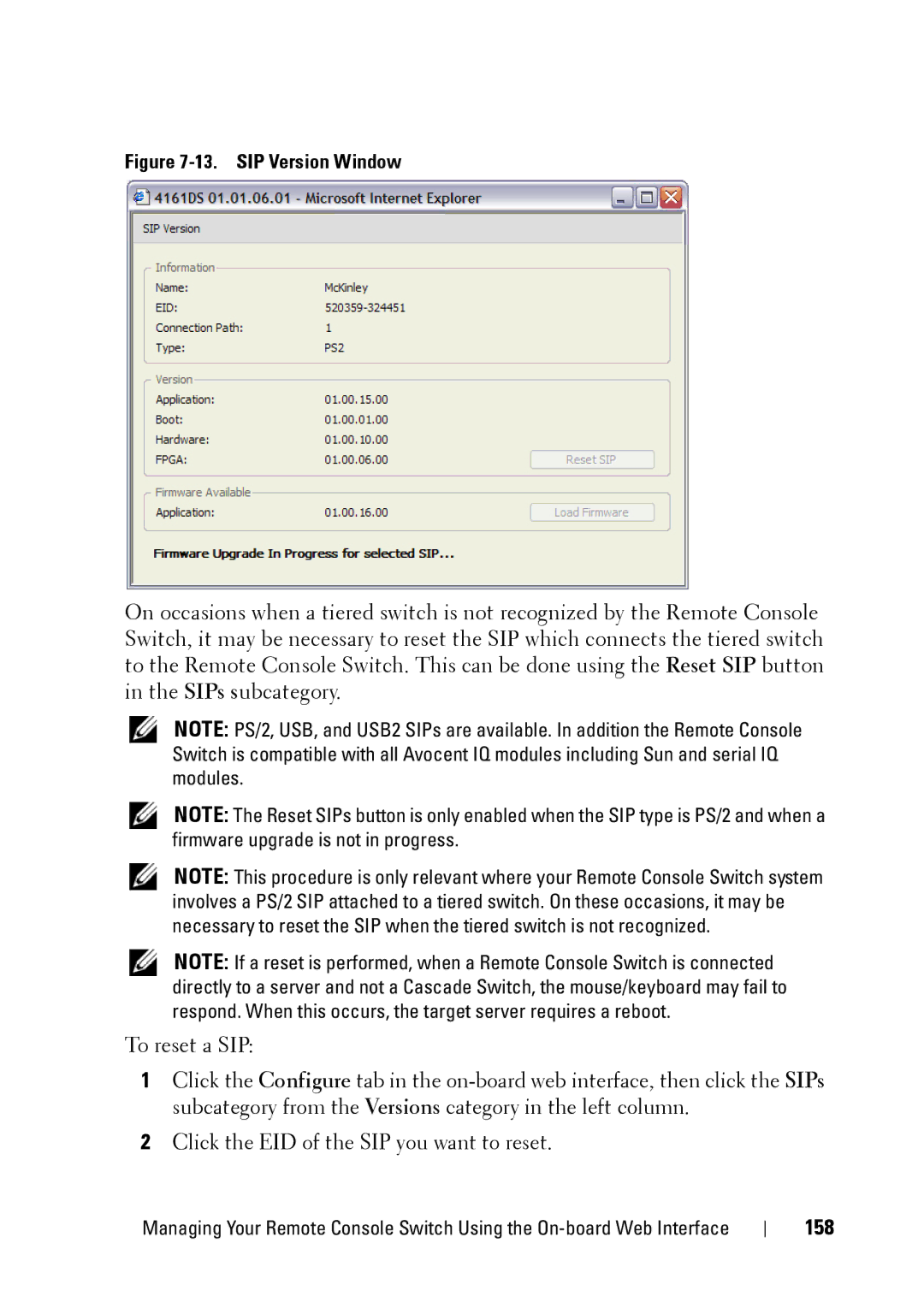 Dell 2321DS manual 158, SIP Version Window 