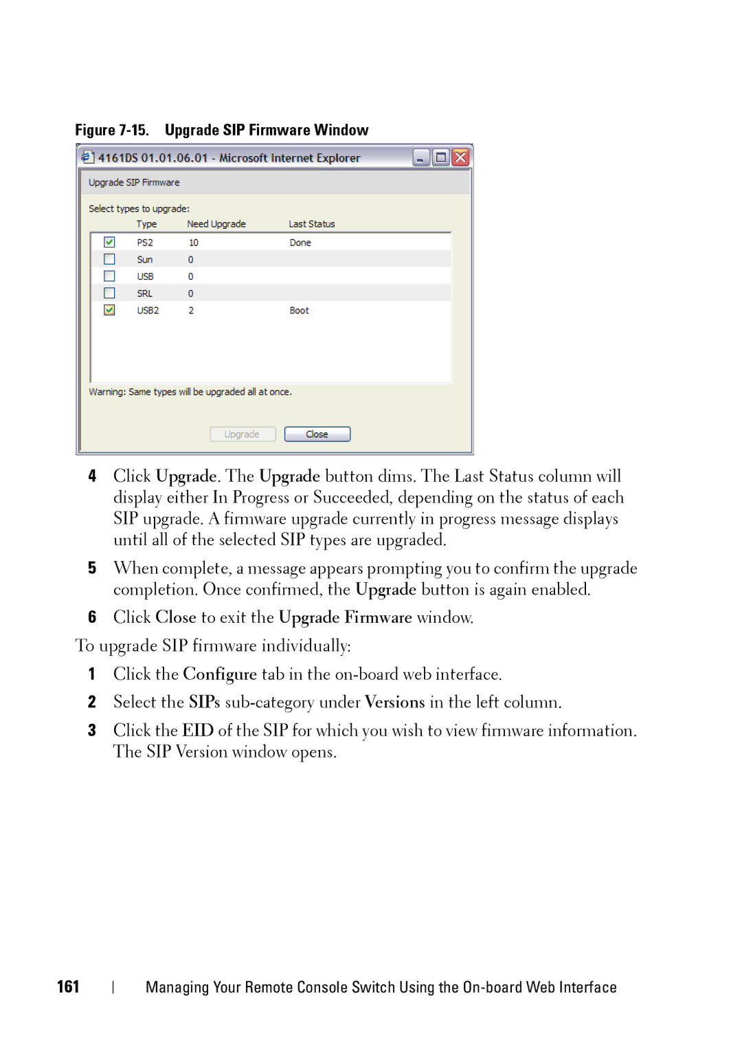 Dell 2321DS manual 161, Upgrade SIP Firmware Window 