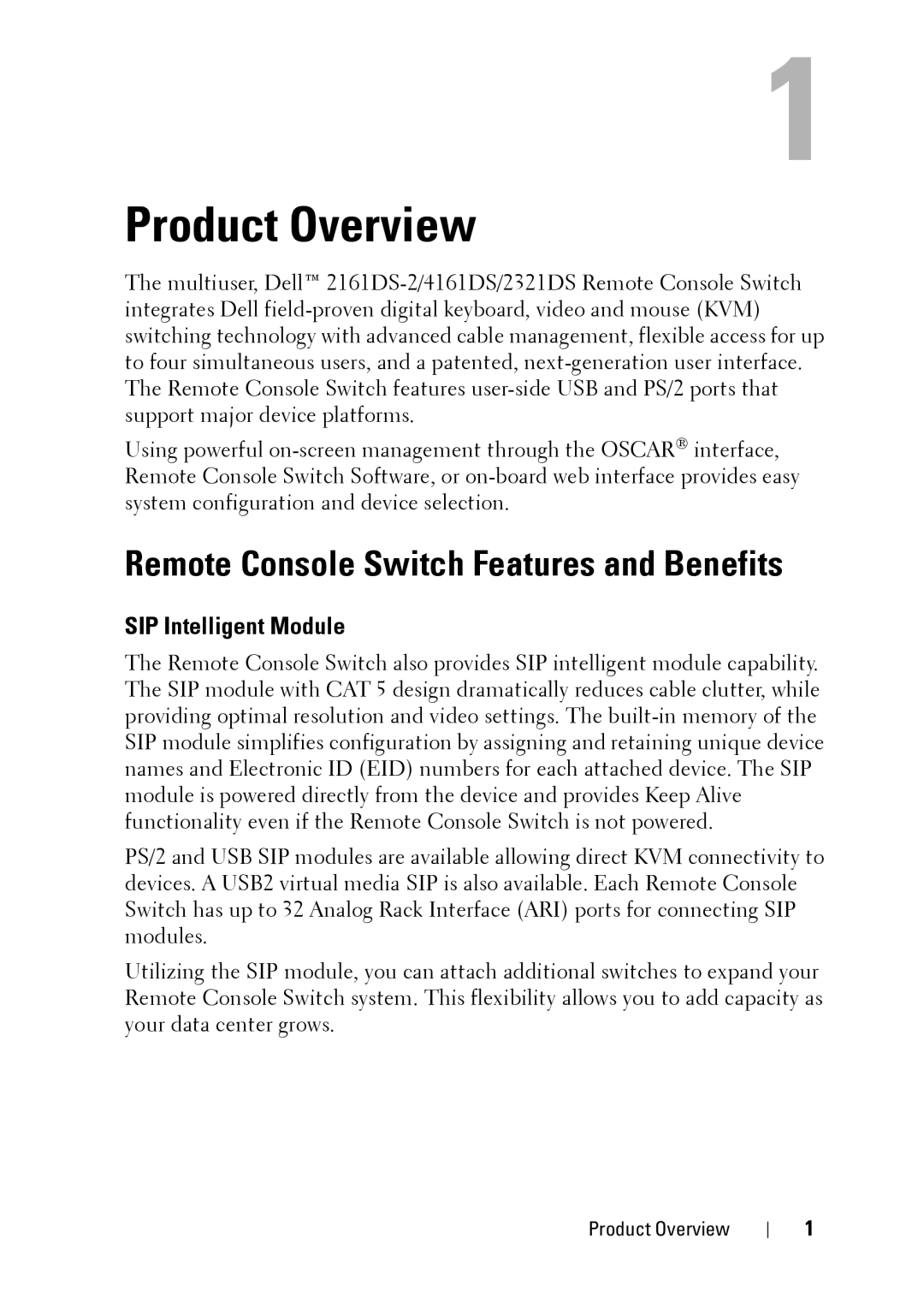 Dell 2321DS manual Remote Console Switch Features and Benefits, SIP Intelligent Module 