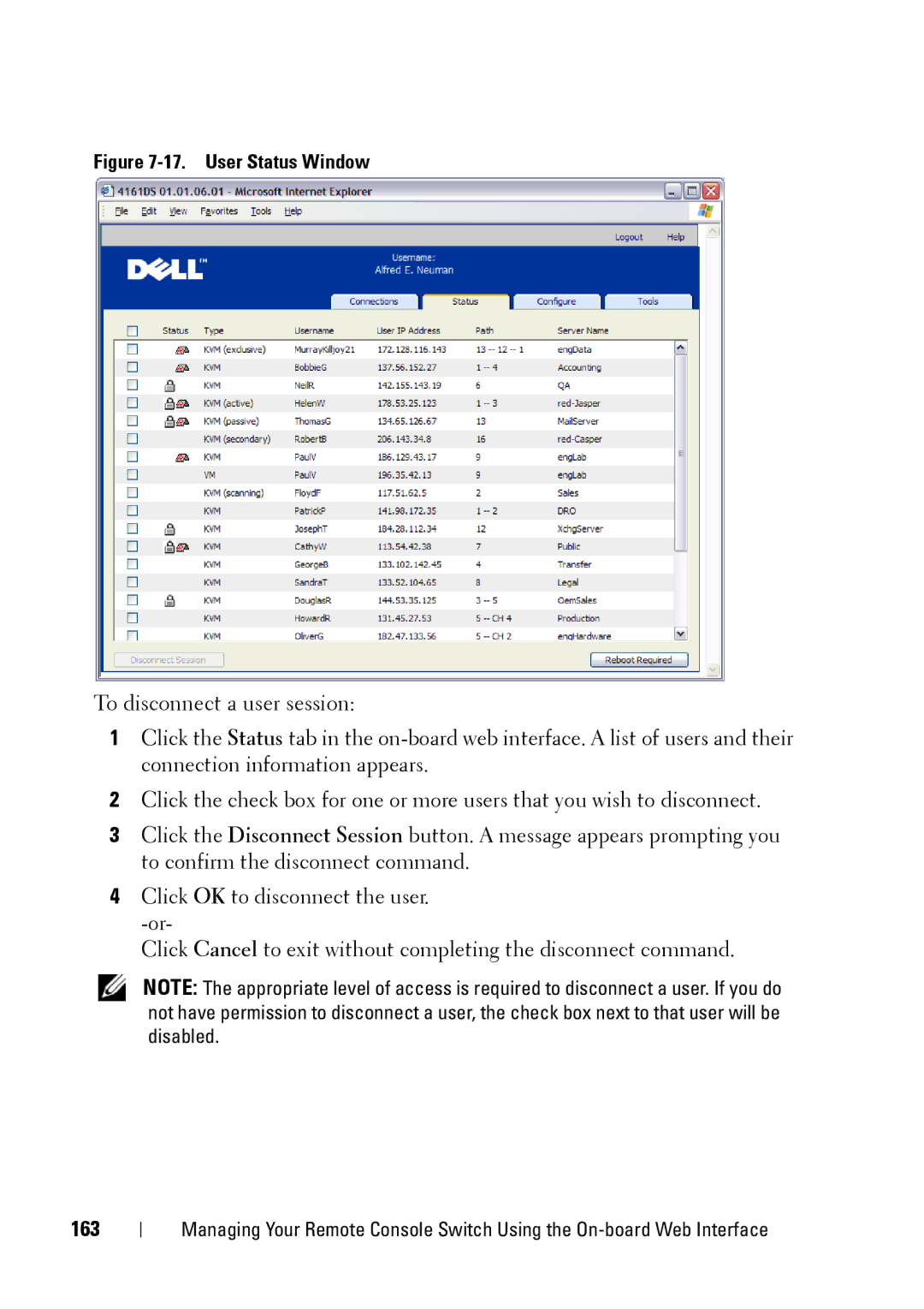 Dell 2321DS manual 163, User Status Window 