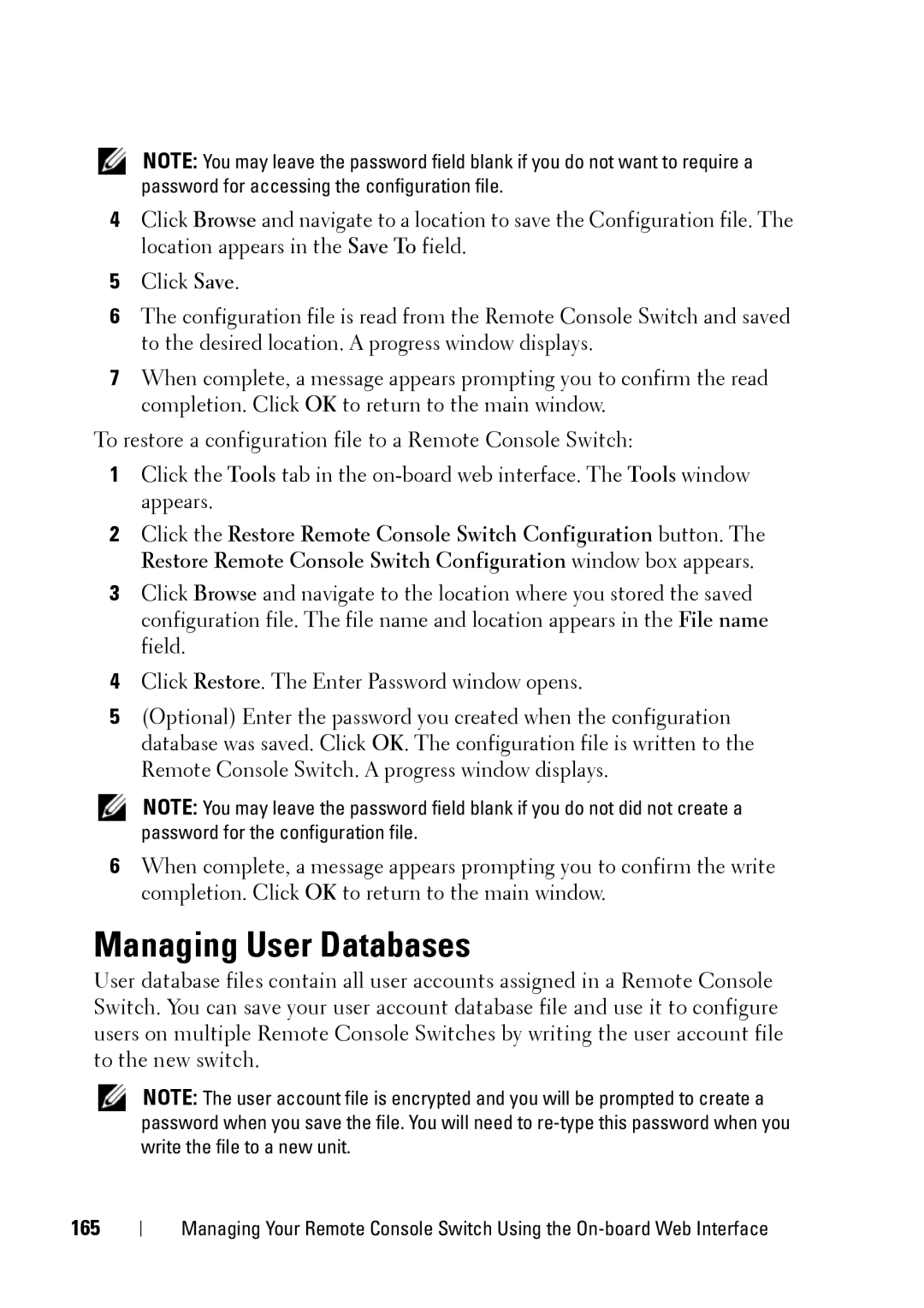 Dell 2321DS manual Managing User Databases, 165 