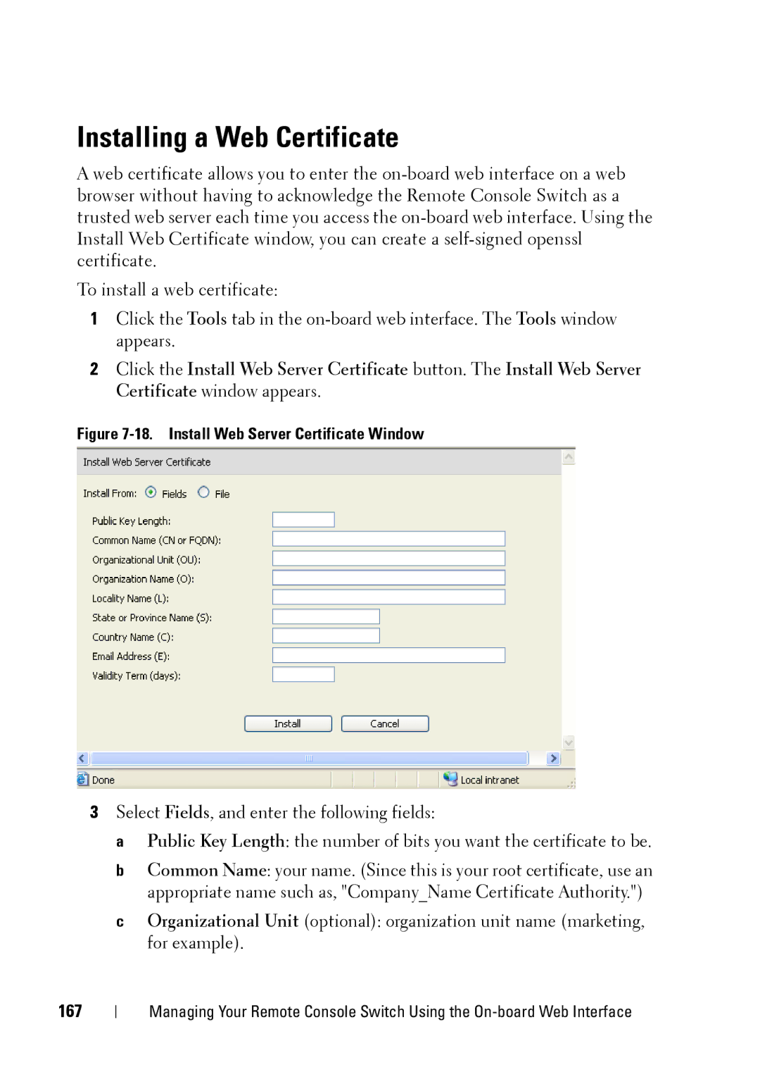 Dell 2321DS manual Installing a Web Certificate, 167 