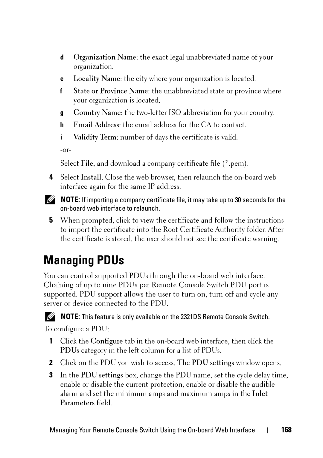 Dell 2321DS manual Managing PDUs, 168 