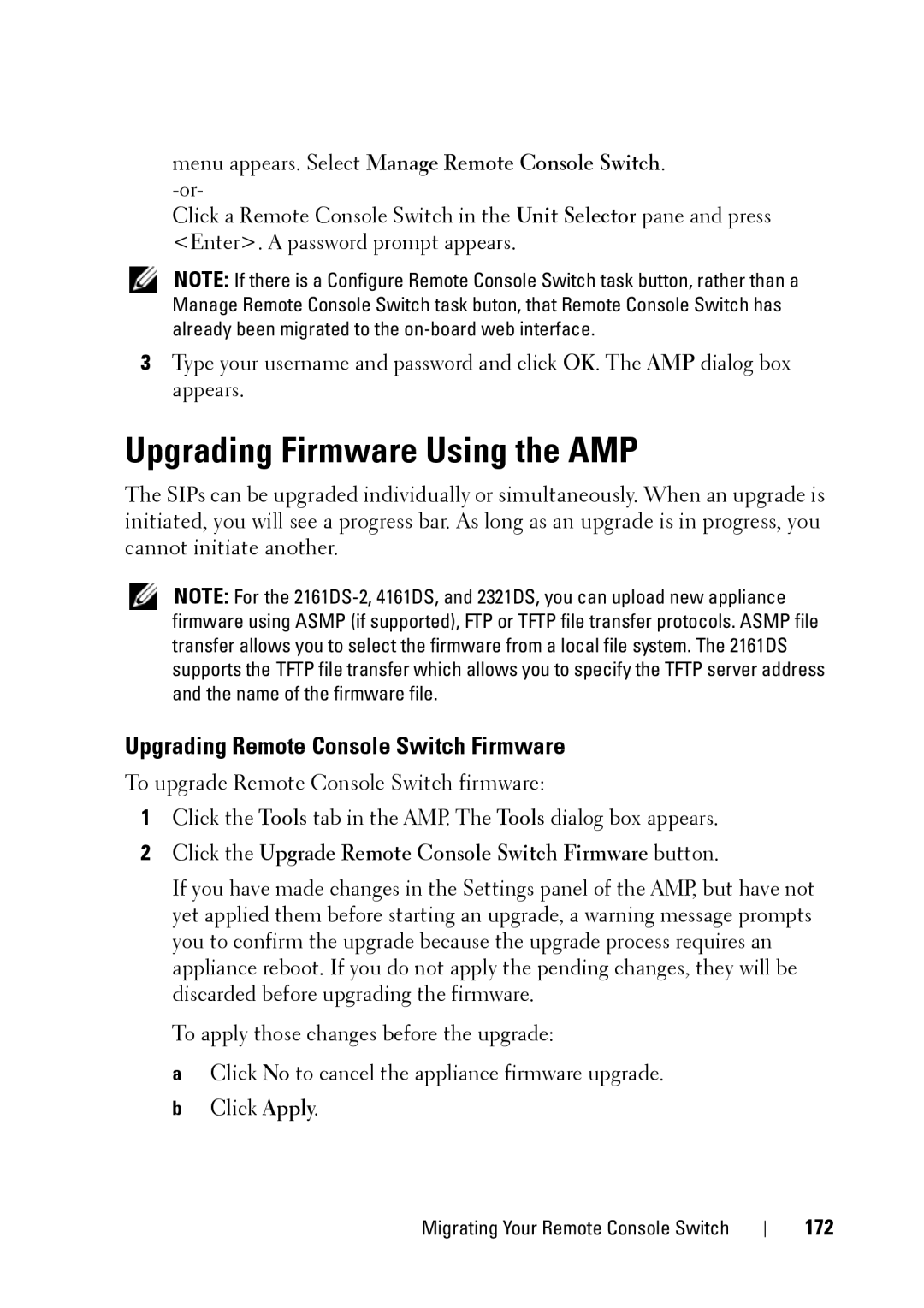 Dell 2321DS manual Upgrading Firmware Using the AMP, Upgrading Remote Console Switch Firmware, 172 