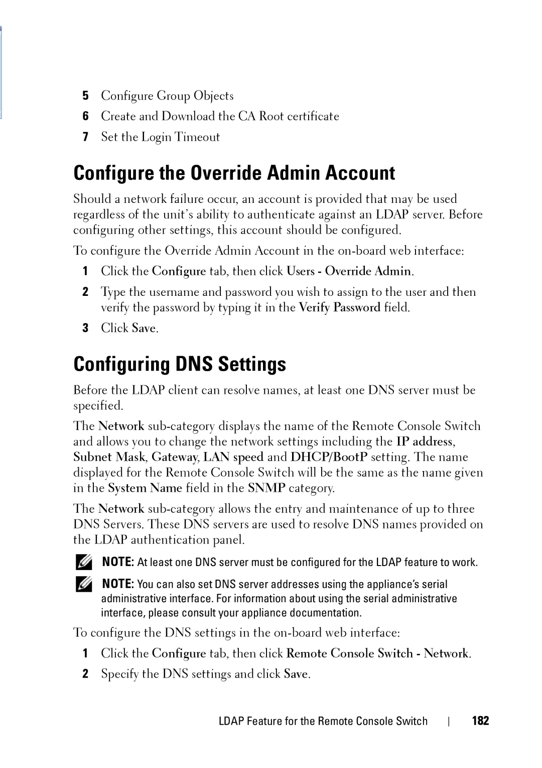 Dell 2321DS manual Configure the Override Admin Account, Configuring DNS Settings, 182 