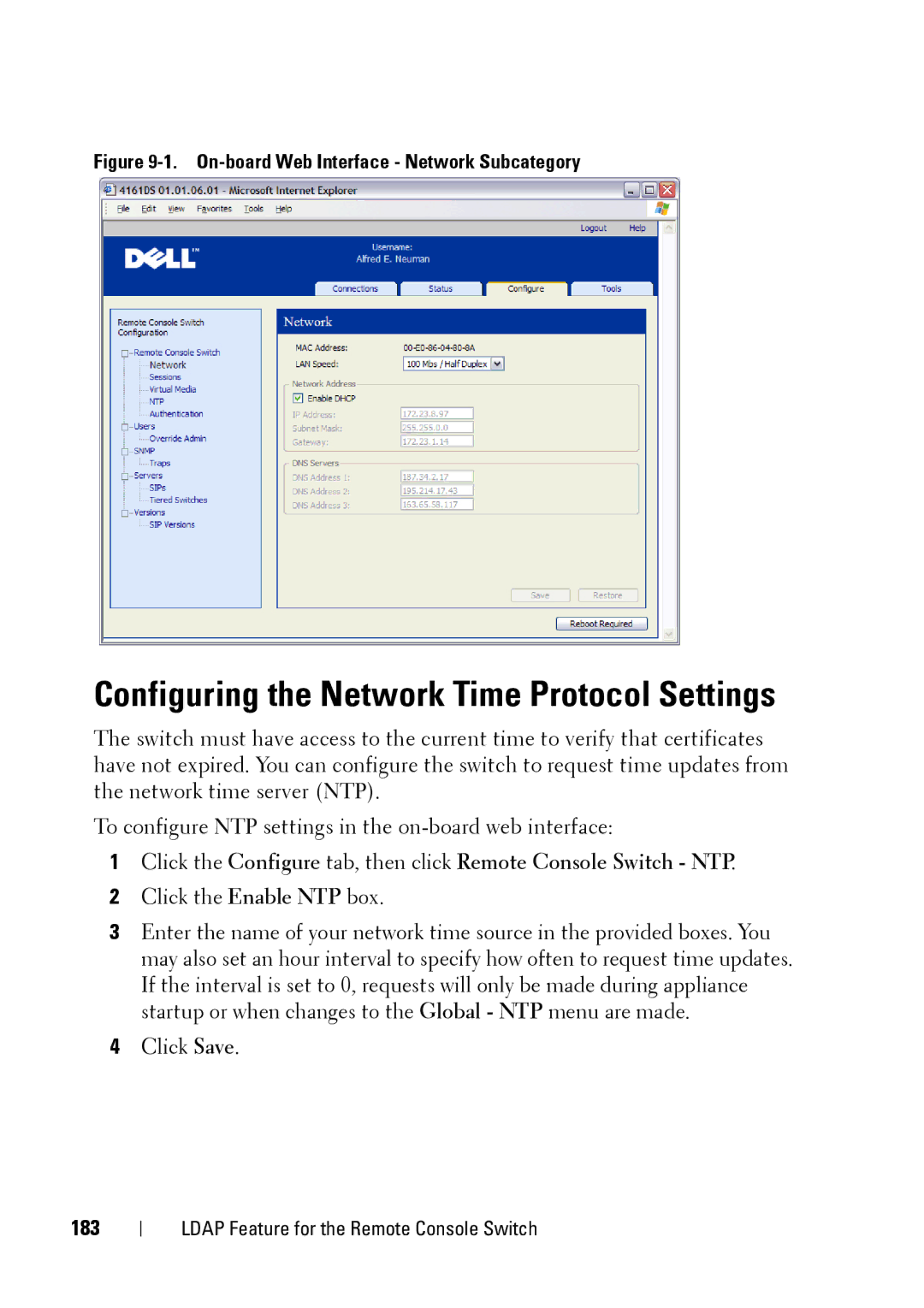 Dell 2321DS manual Configuring the Network Time Protocol Settings, 183 