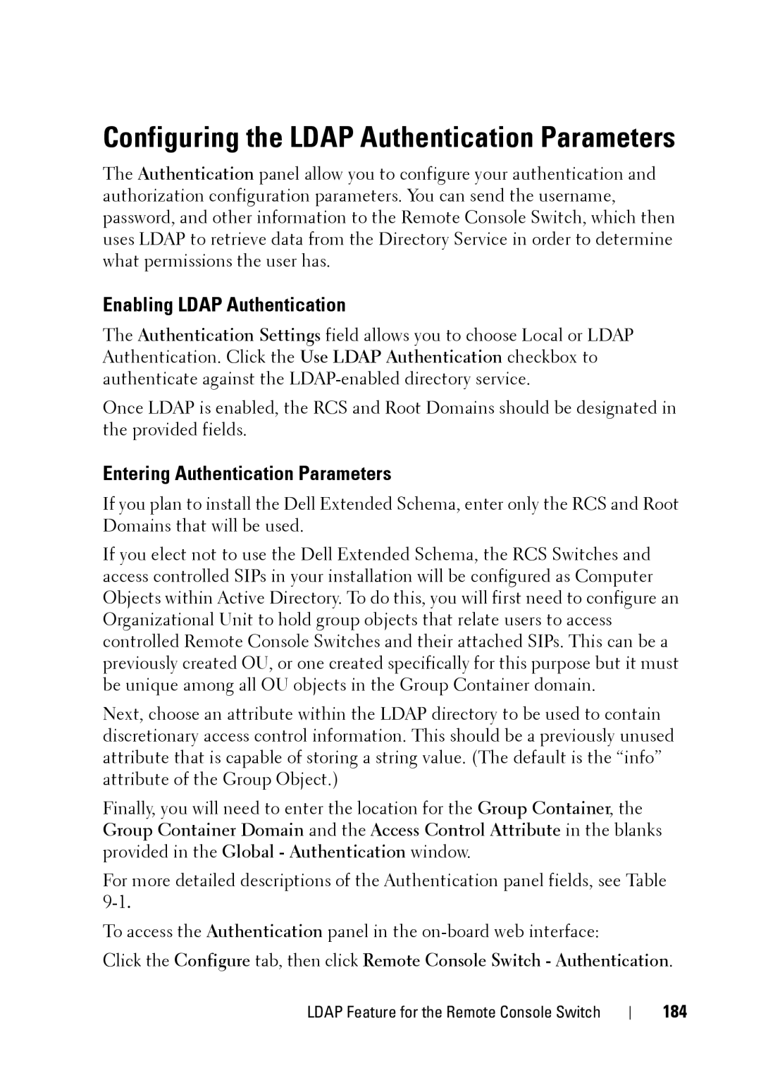 Dell 2321DS manual Enabling Ldap Authentication, Entering Authentication Parameters, 184 