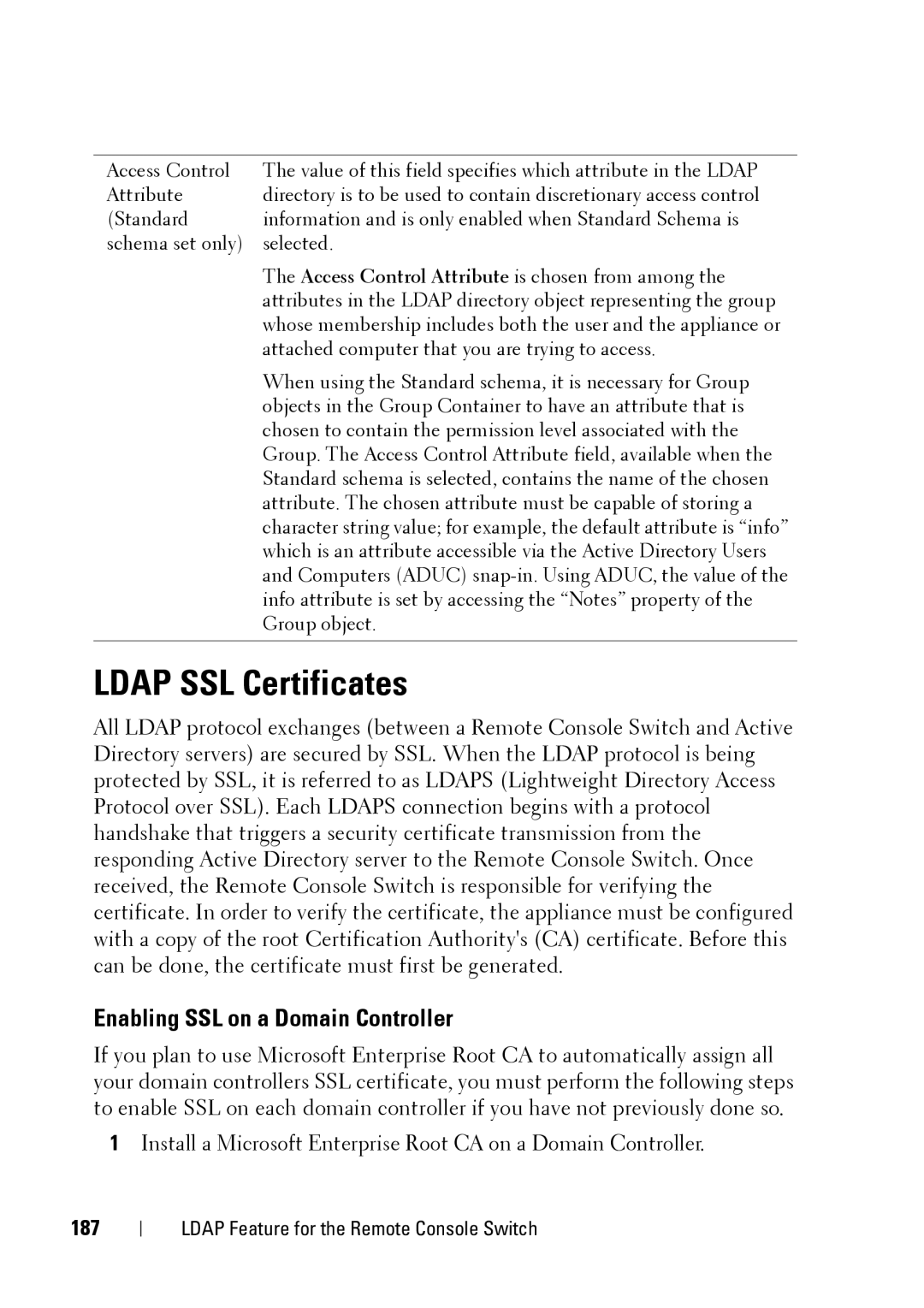 Dell 2321DS manual Ldap SSL Certificates, Enabling SSL on a Domain Controller, 187 