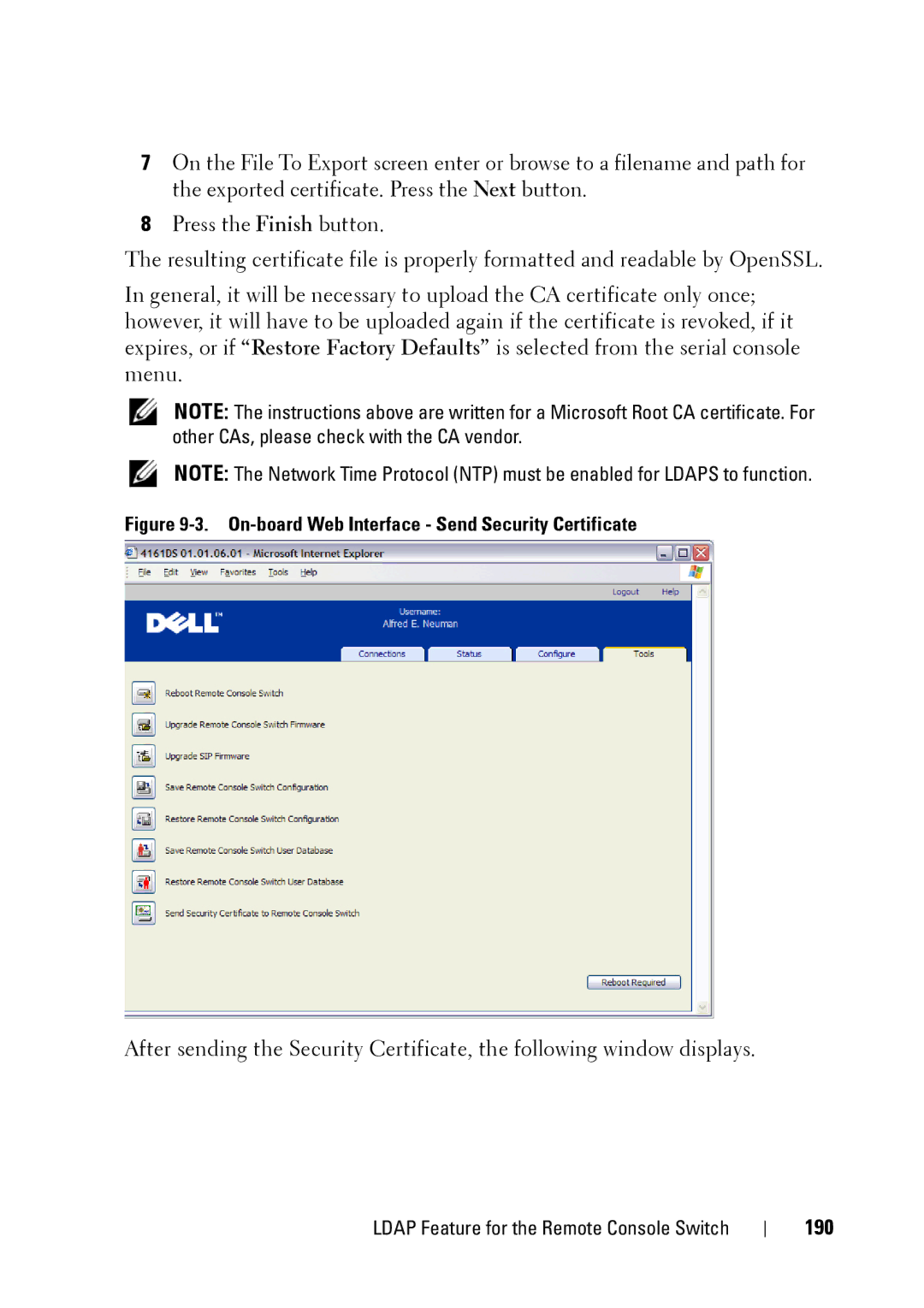 Dell 2321DS manual 190, On-board Web Interface Send Security Certificate 