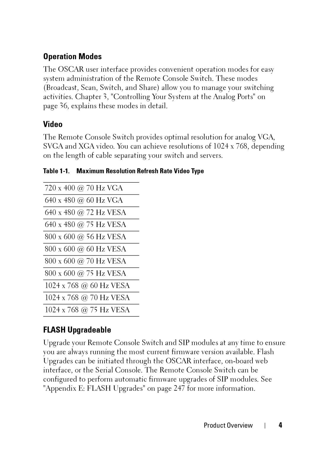 Dell 2321DS manual Operation Modes, Flash Upgradeable, Maximum Resolution Refresh Rate Video Type 