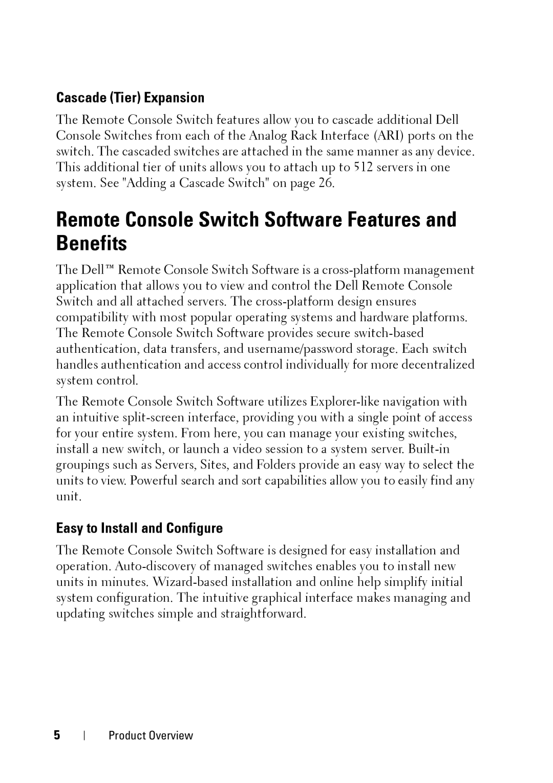 Dell 2321DS Remote Console Switch Software Features and Benefits, Cascade Tier Expansion, Easy to Install and Configure 