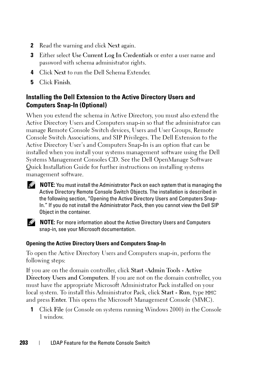 Dell 2321DS manual Opening the Active Directory Users and Computers Snap-In, 203 