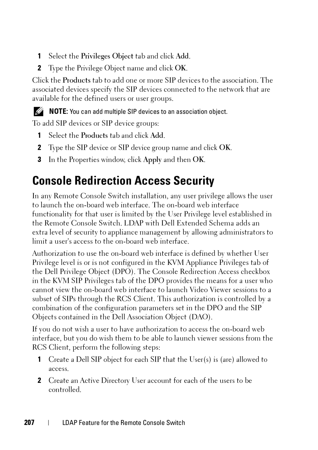 Dell 2321DS manual Console Redirection Access Security, 207 