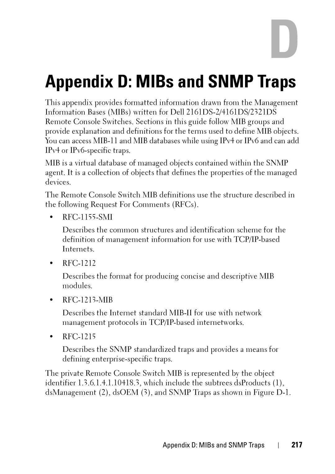 Dell 2321DS manual Appendix D MIBs and Snmp Traps, 217 