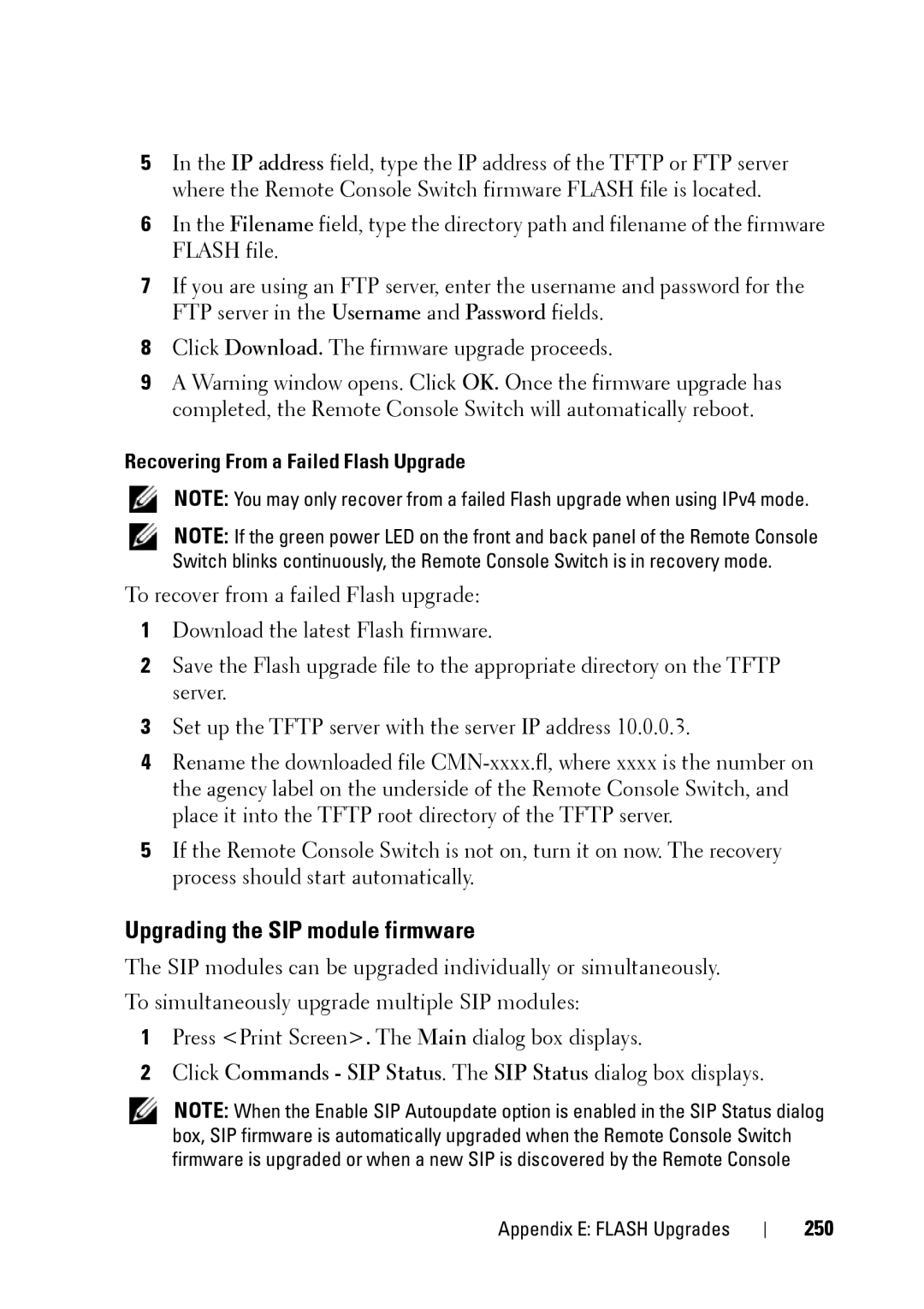 Dell 2321DS manual Upgrading the SIP module firmware, Recovering From a Failed Flash Upgrade, 250 