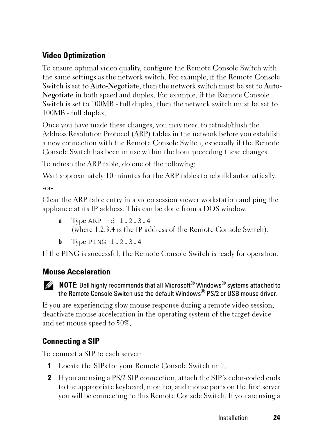 Dell 2321DS manual Video Optimization, Mouse Acceleration, Connecting a SIP 