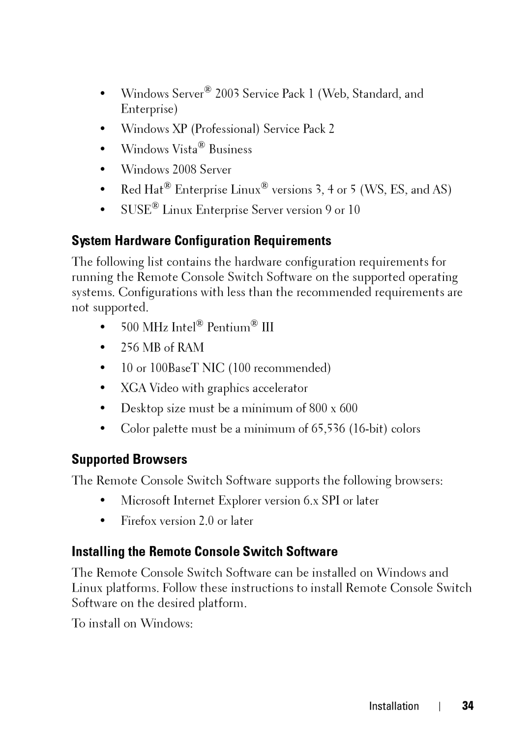 Dell 2321DS manual System Hardware Configuration Requirements, Installing the Remote Console Switch Software 