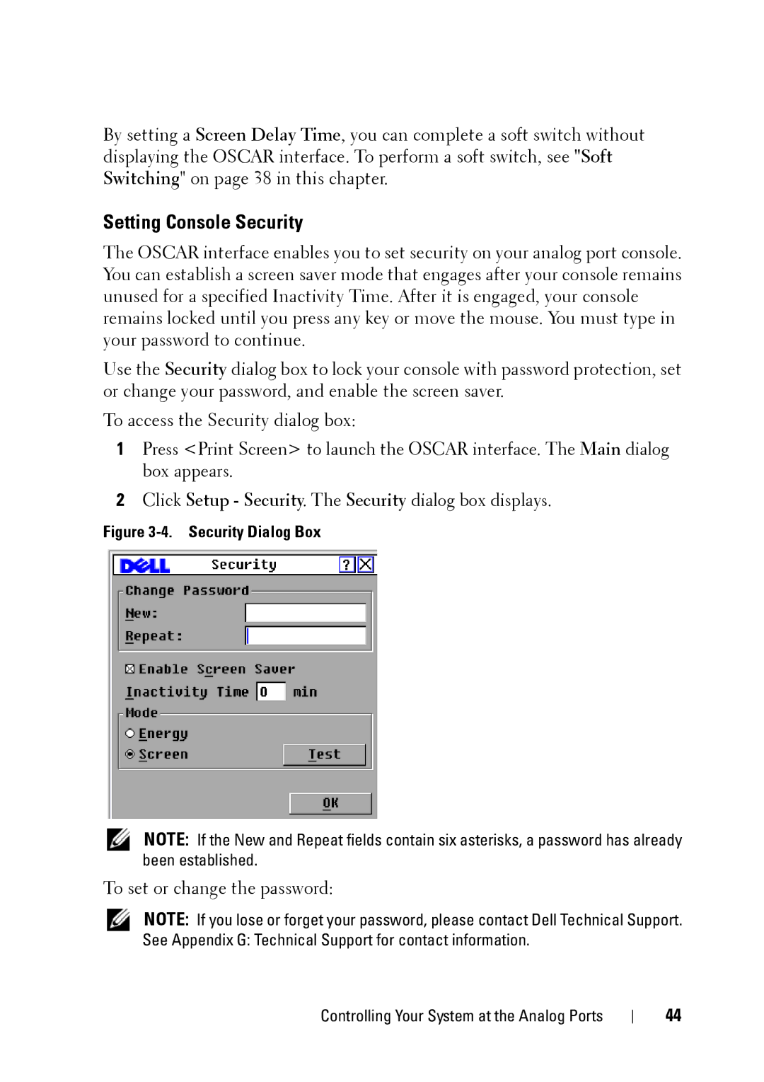 Dell 2321DS manual Setting Console Security, Security Dialog Box 