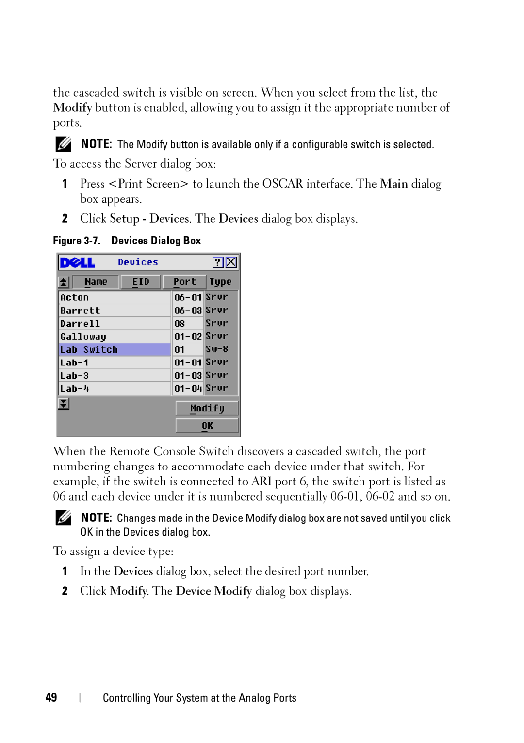 Dell 2321DS manual Devices Dialog Box 