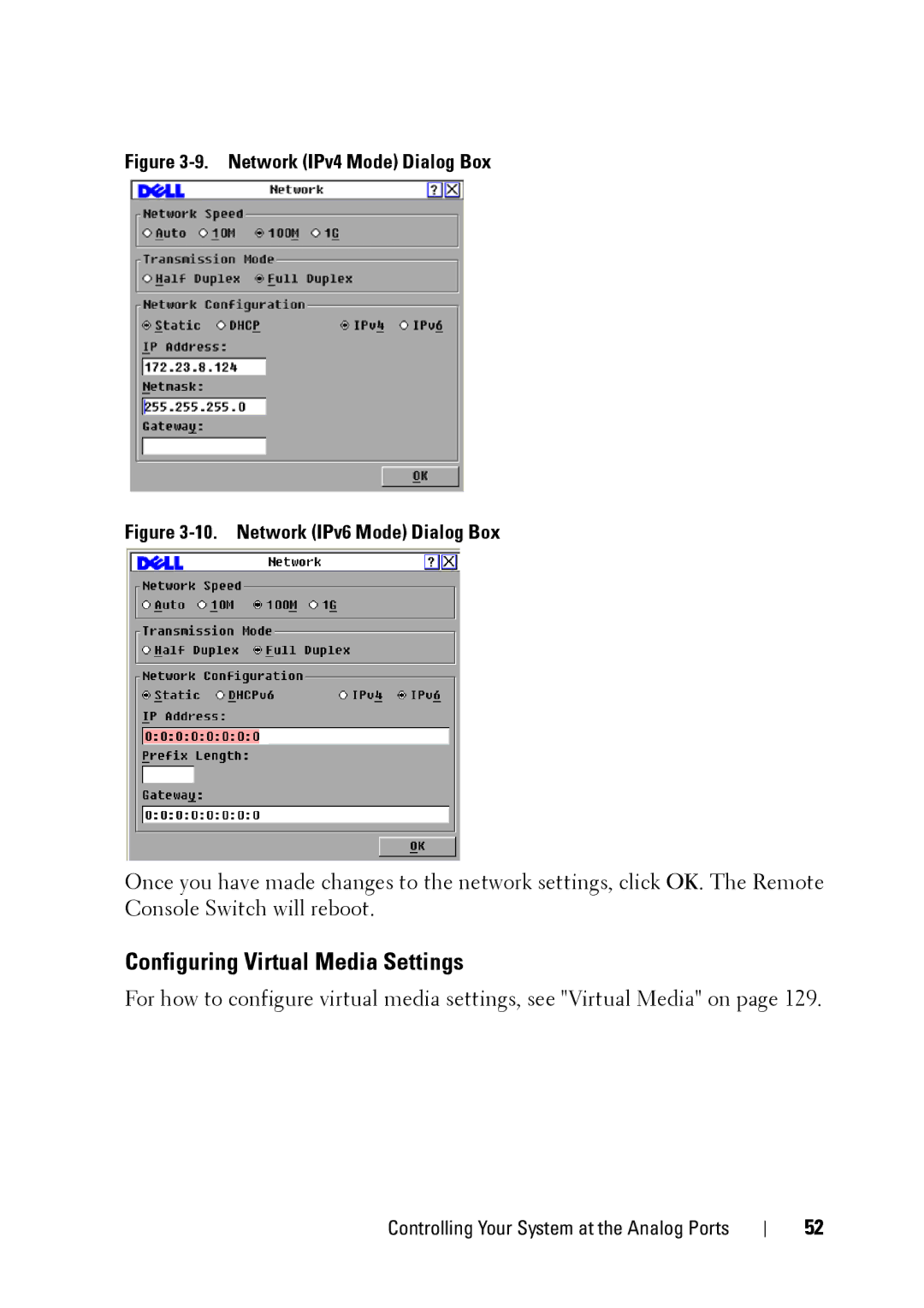 Dell 2321DS manual Configuring Virtual Media Settings, Network IPv4 Mode Dialog Box 