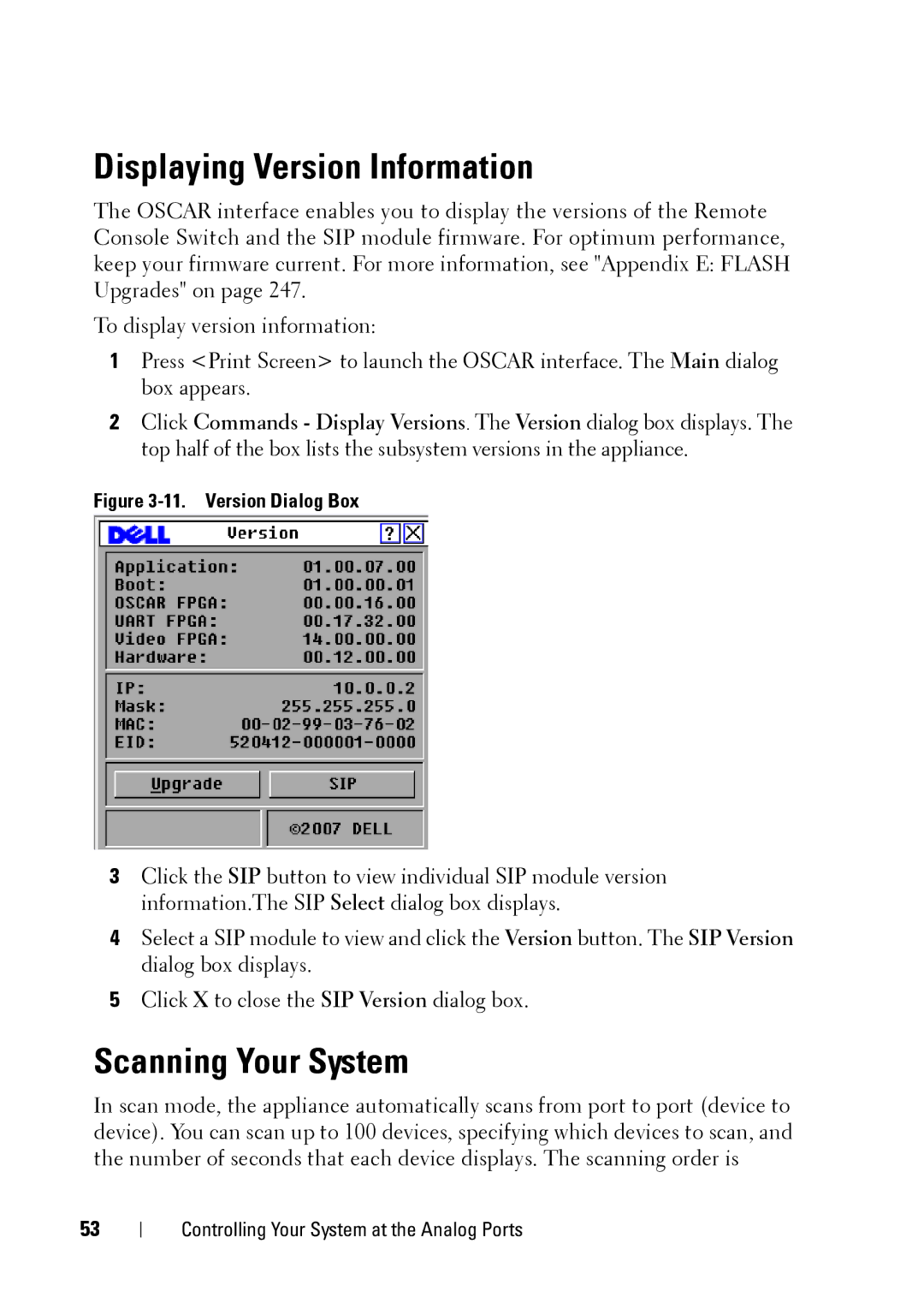 Dell 2321DS manual Displaying Version Information, Scanning Your System 