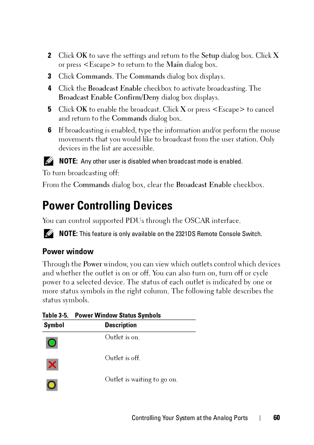 Dell 2321DS manual Power Controlling Devices, Power window, Power Window Status Symbols Description 