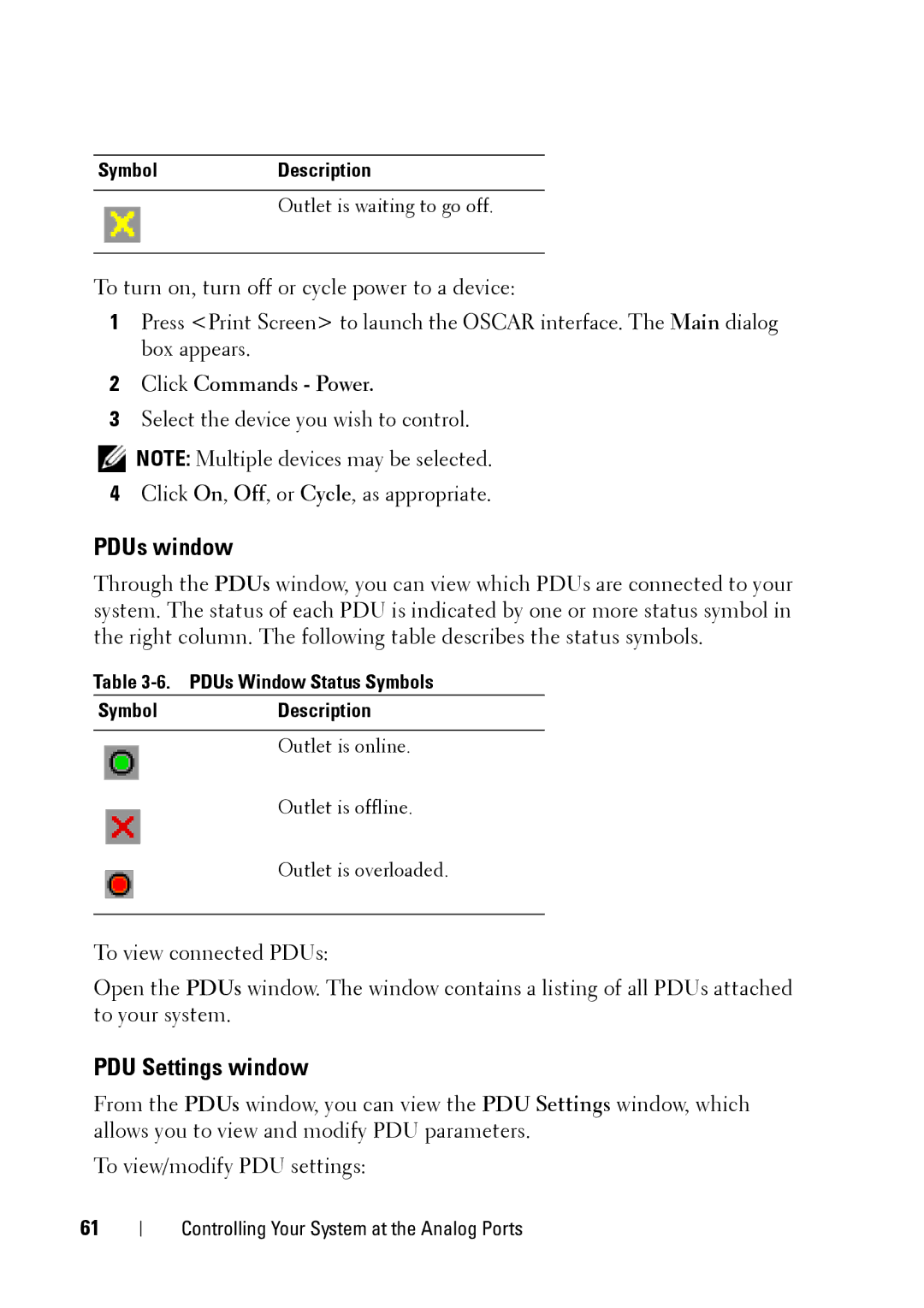 Dell 2321DS manual PDUs window, PDU Settings window, PDUs Window Status Symbols Description 