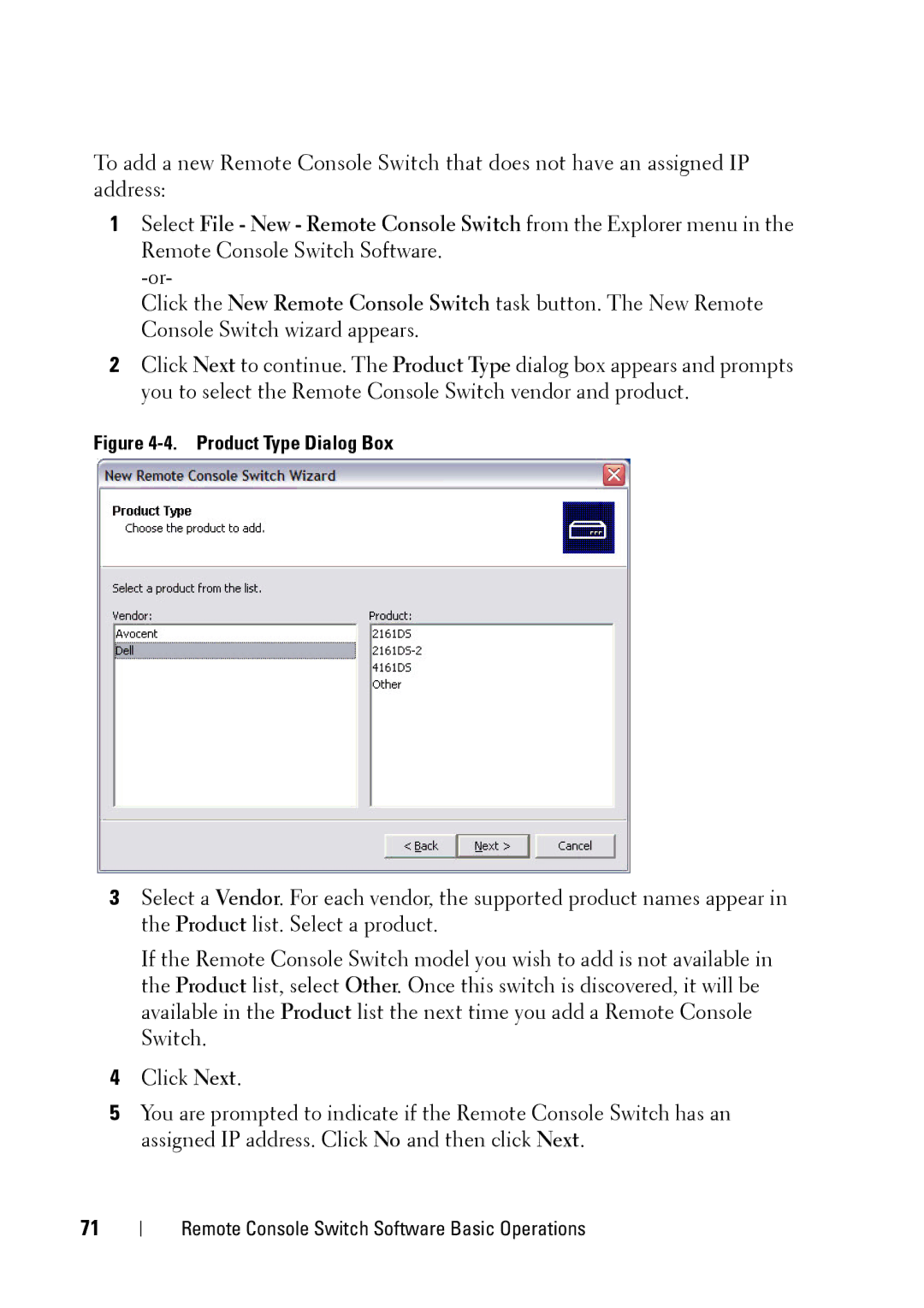 Dell 2321DS manual Product Type Dialog Box 