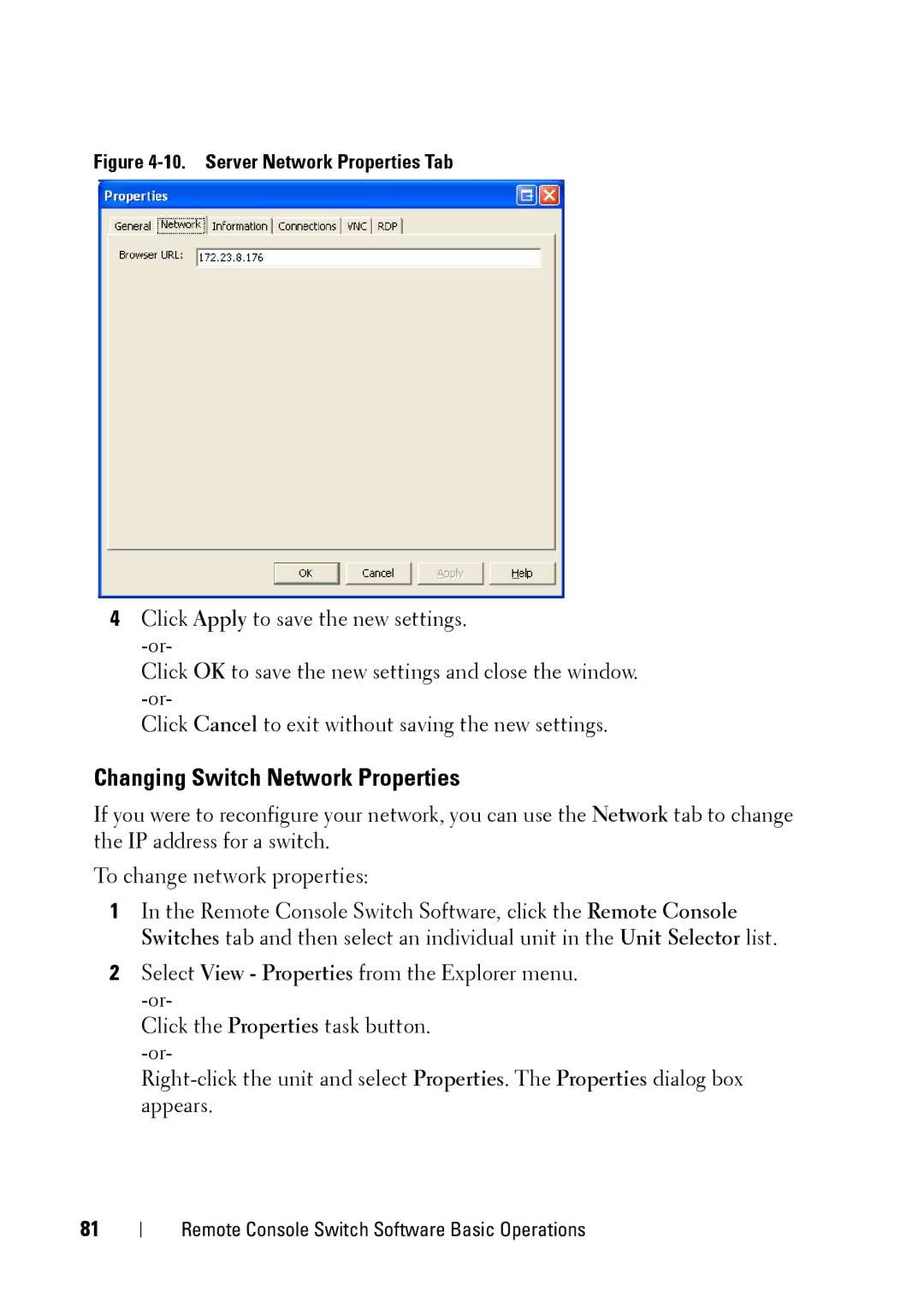 Dell 2321DS manual Changing Switch Network Properties, Server Network Properties Tab 