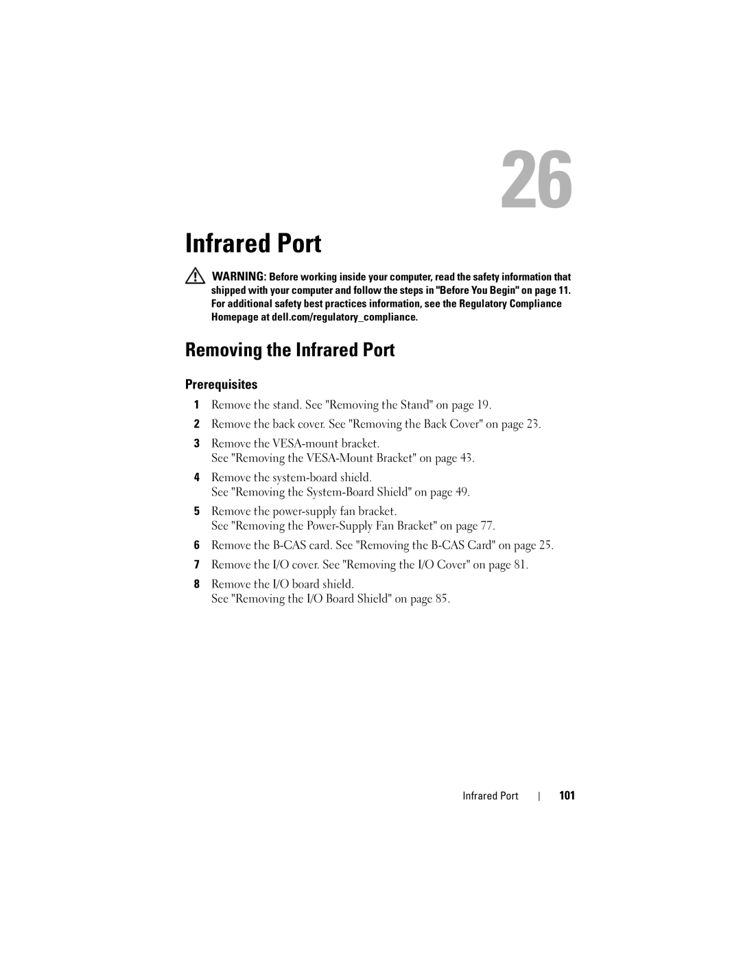 Dell 2330 owner manual Removing the Infrared Port, 101 