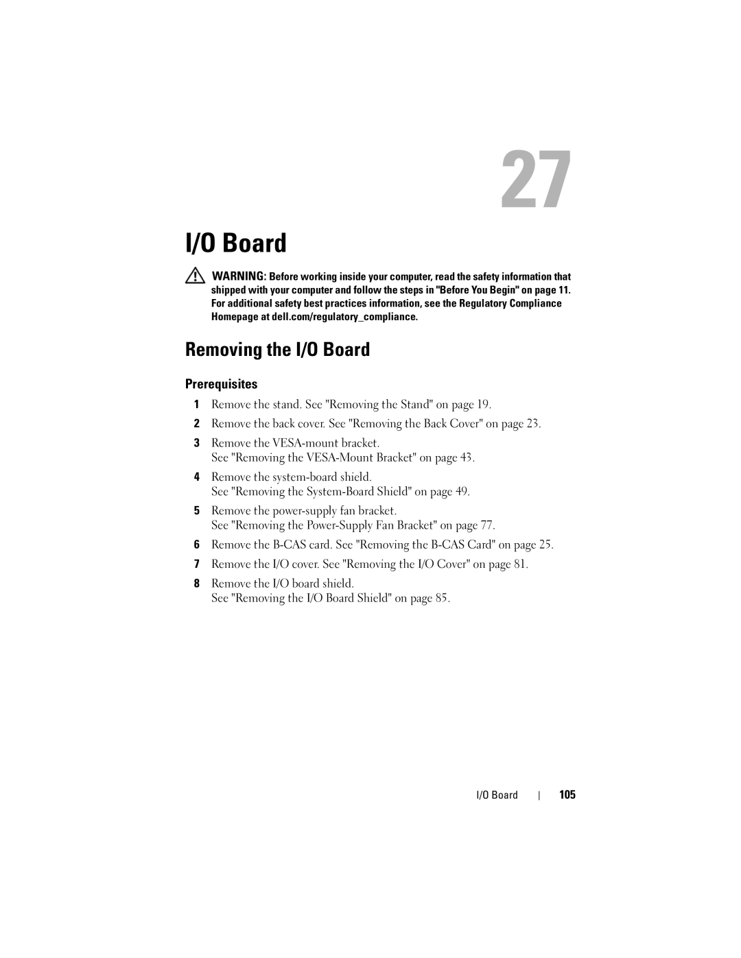 Dell 2330 owner manual Removing the I/O Board, 105 