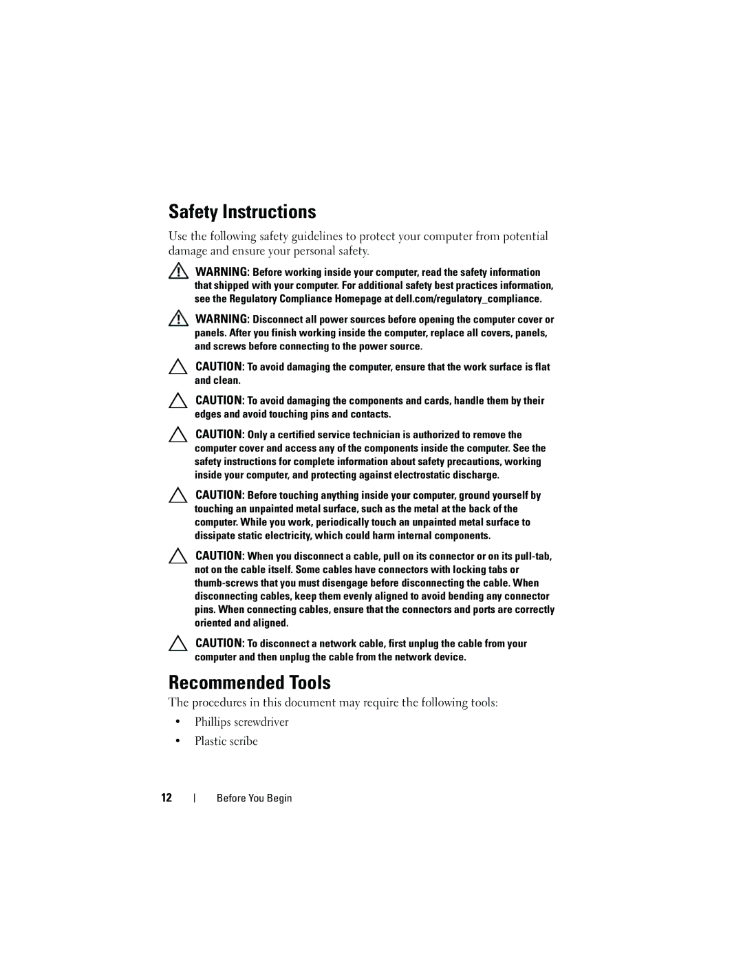 Dell 2330 owner manual Safety Instructions, Recommended Tools, Procedures in this document may require the following tools 