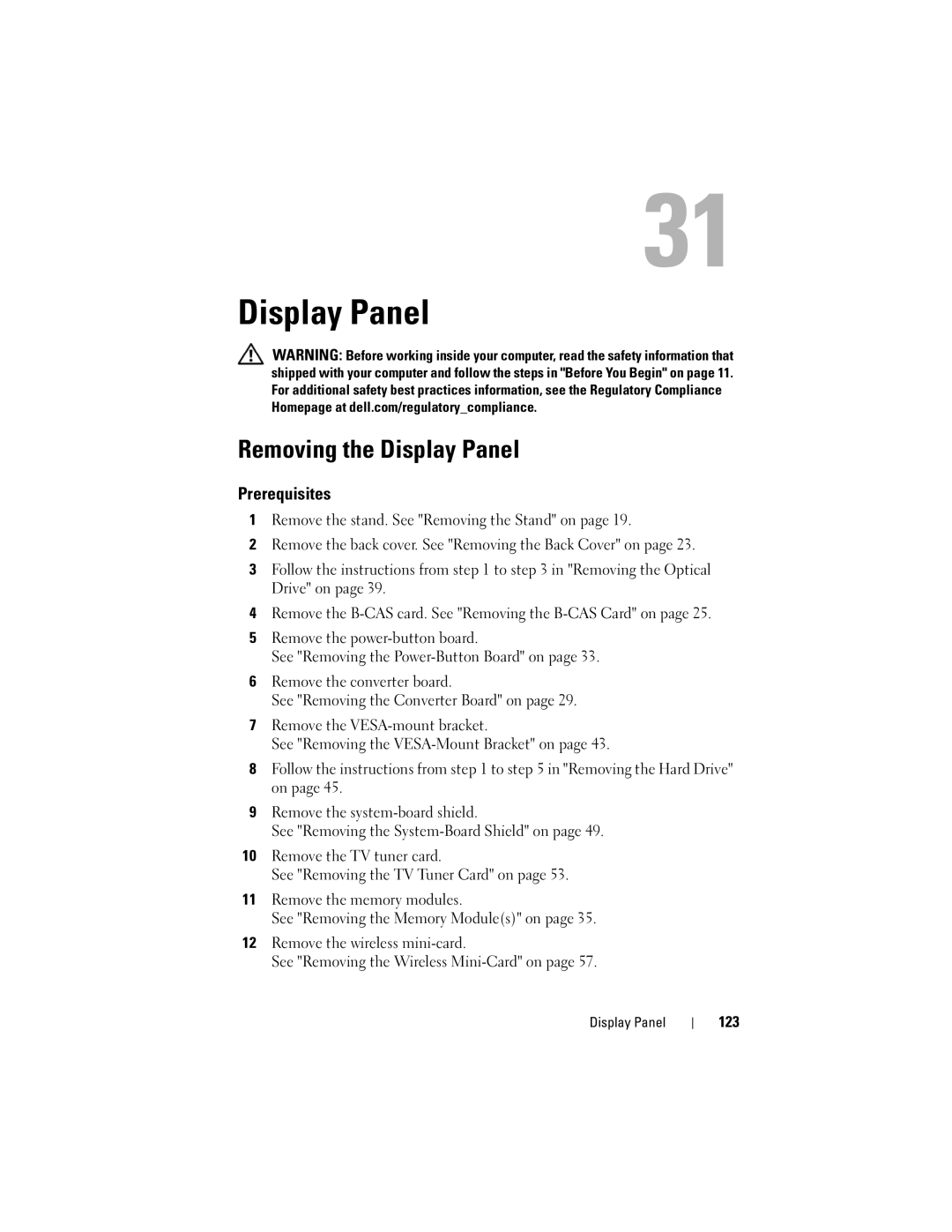 Dell 2330 owner manual Removing the Display Panel, 123 